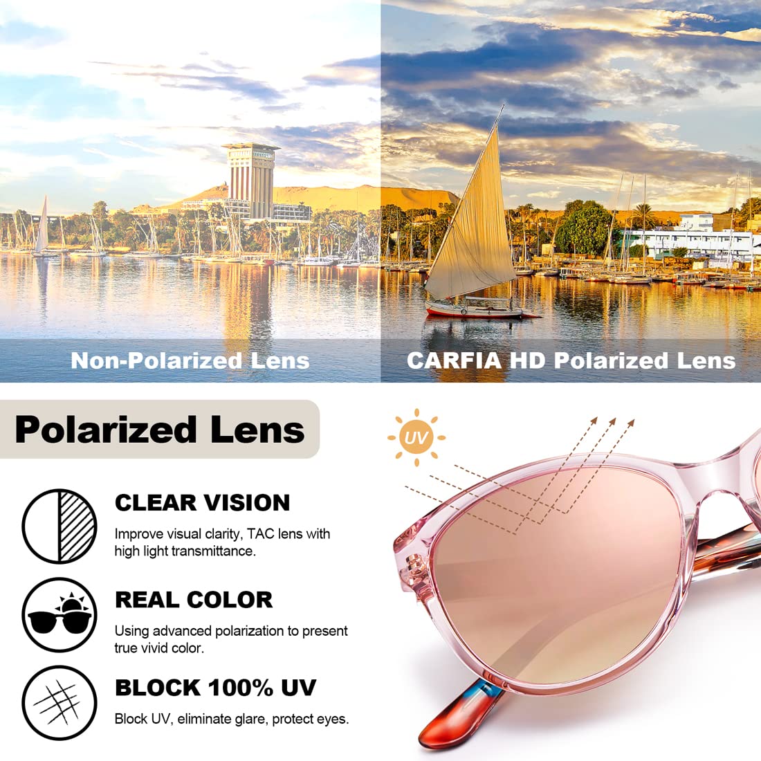 Carfia Rétro Lunettes de Soleil Femme Polarisées Cat.3 Protection UV400 Motif Gravé Monture en Acétate pour Voyager