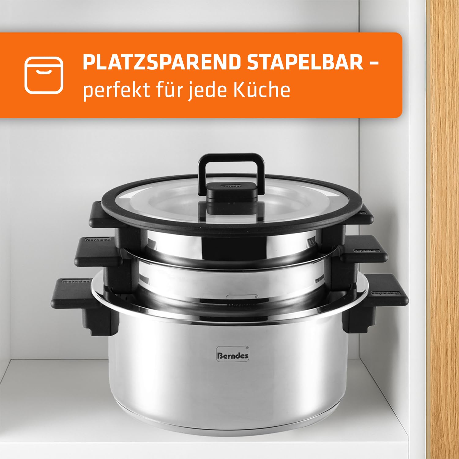 Berndes stapelbares Edelstahl-Topfset 8-teilig Raumwunder l geringer Stauraum l 3x Kochtopf mit Deckel, 1x Dünsteinsatz, 1x Wasserbad oder Rührschüssel l platzsparend l Induktion
