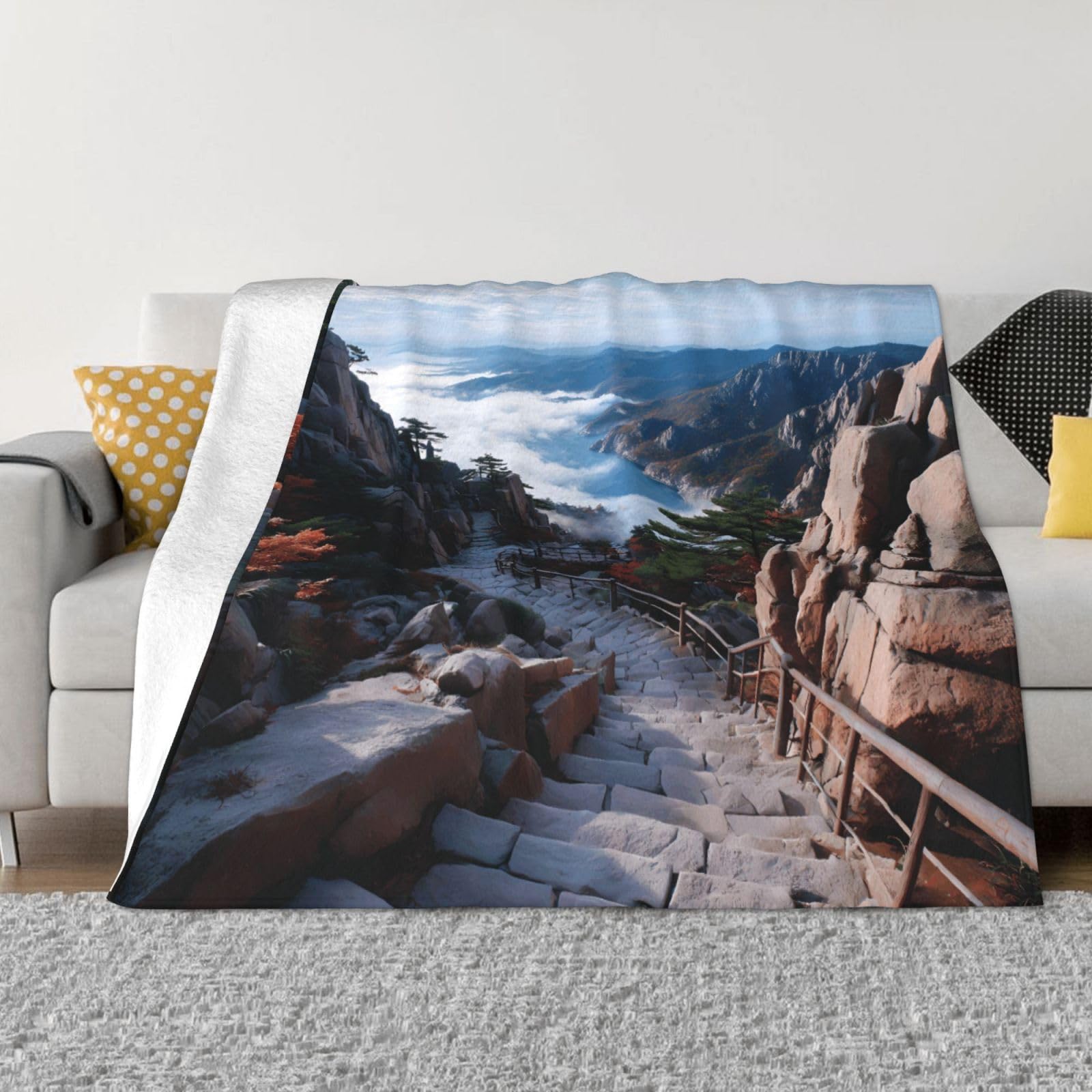Manta de viaje portátil de 80 x 60 pulgadas, suave, resistente a las arrugas, plegable, exquisita impresión de carretera de montaña empinada