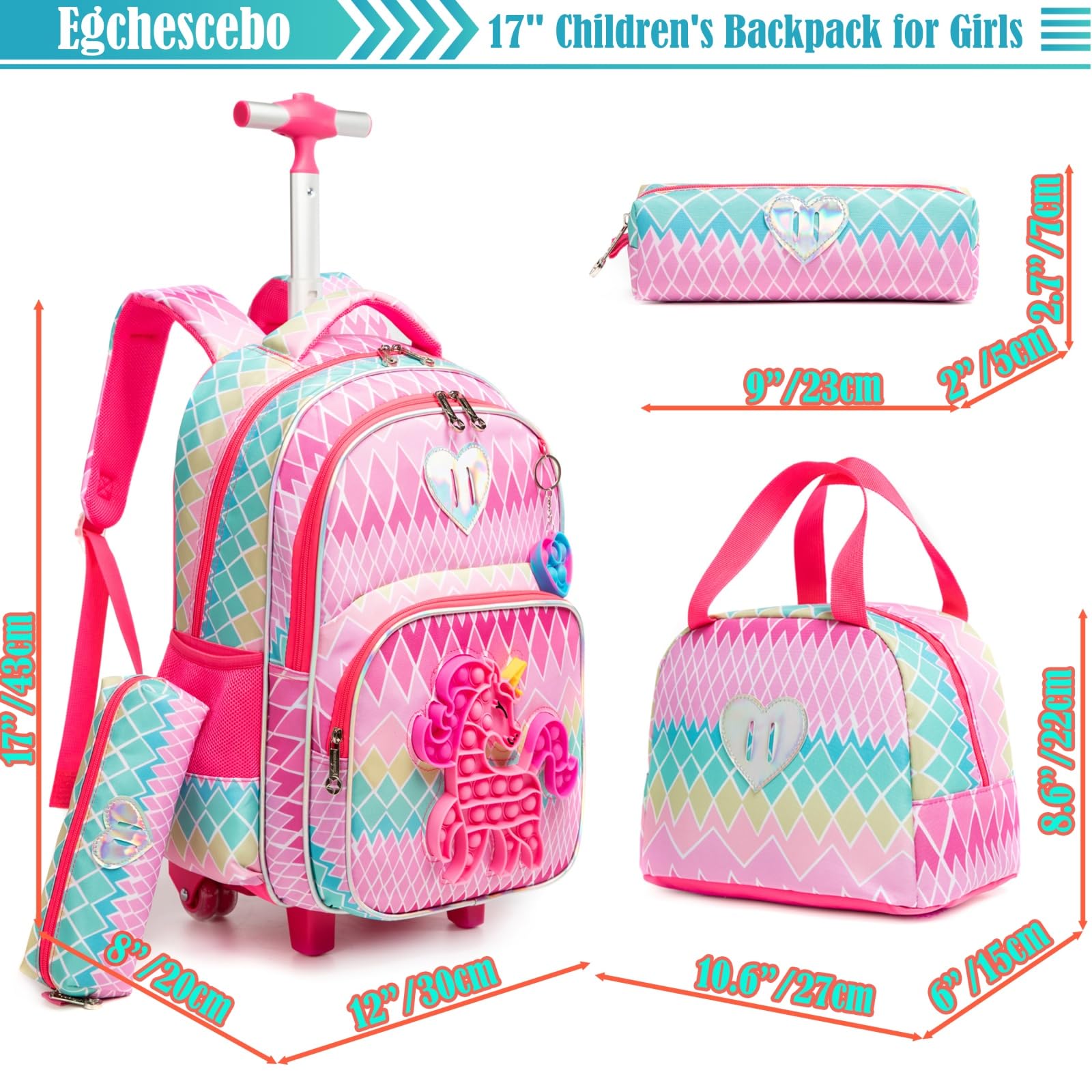 Egchescebo Kids Rolling Unicorn Backpack for Girls Luggage Suitcase With Wheels Trolley Wheeled POP Roller Backpacks for Elementary Travel School Bags 17