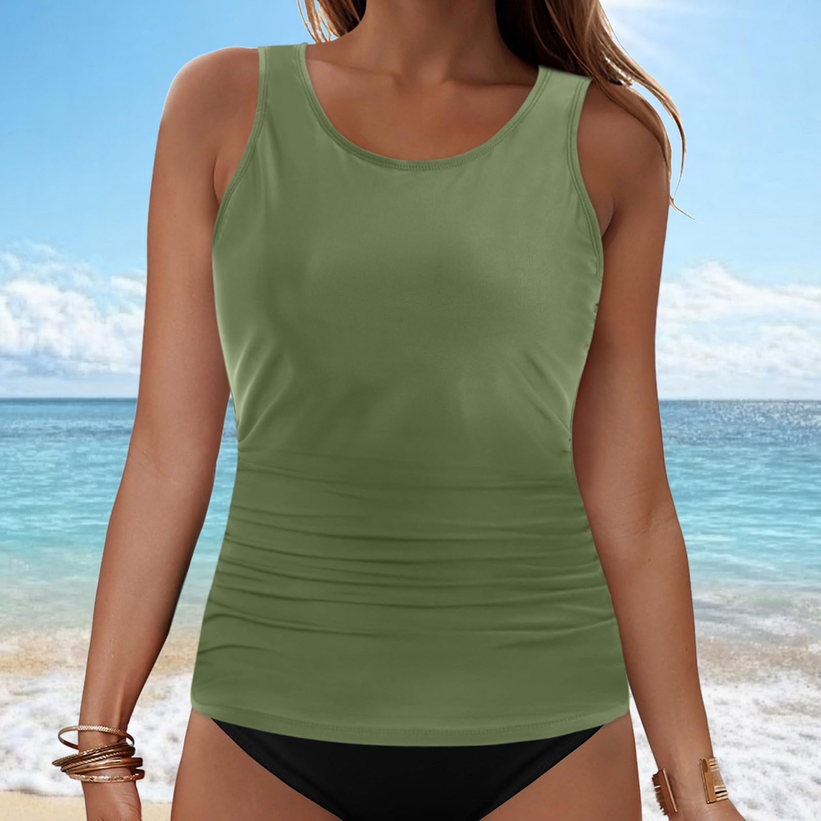 Tankini Top Für Damen, Bikini Swim Tank Top Bademode Schnell Trocknend Sommer Padded Beachwear V Ausschnitt Rüschen Trägern Tankini Große Oberweite Nur Oberteil