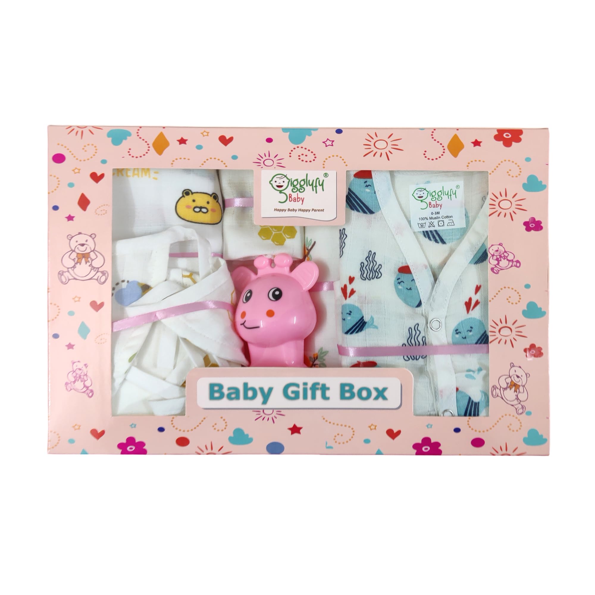 Gigglyfy Baby Gift Box Set with Clothing, Toys and Accessories, Cute Animal Print Design-image-24