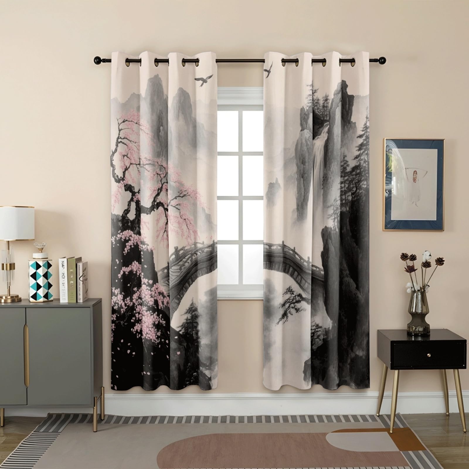 Curtain Beige Schwarz Rosa Gardinen Polyester Vorhang mit Ösen Blackout Curtain Waschbar Vorhänge mit Ösen Living Room Thermovorhang Schlafzimmer Verdunklungsvorhänge Blickdicht 2x140x160cm