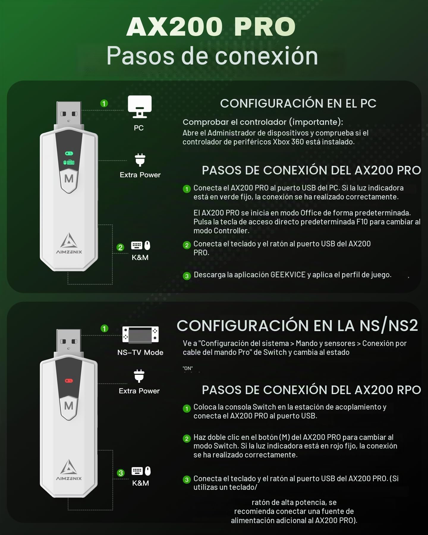 AIMZENIX AX200 PRO - Adaptador de teclado y mouse para PC y Nintendo Switch | Convertidor de alto rendimiento para jugar FPS, COD, APEX, THE FINALS