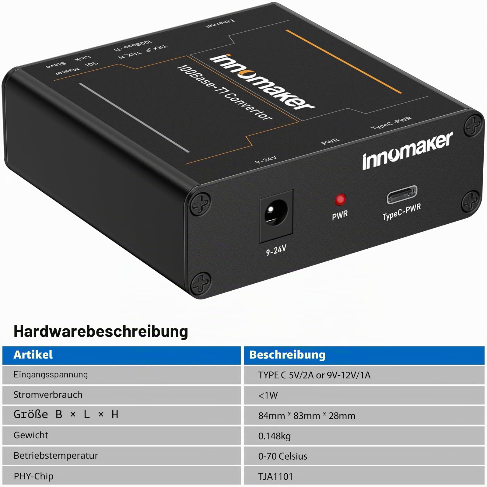 innomaker 100BASE Ethernet Media Converter Gerät 2-Draht Ethernet 100BASE-T1 zu Fast 100BASE-TX Automobil IEEE Konform mit 100Mbit/s Vollduplex Übertragung