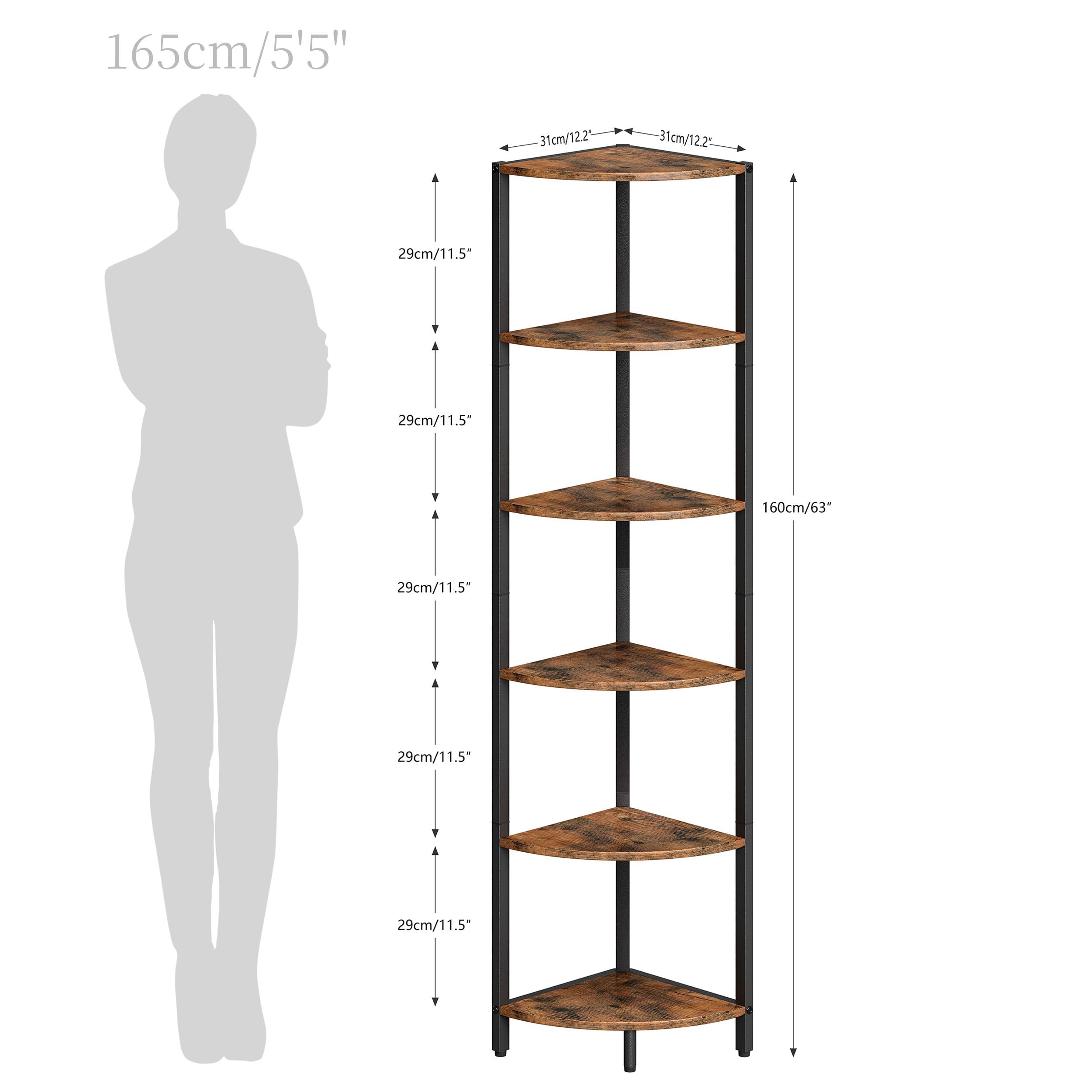 Eckregal Stehend 6-Stöckiges Eckschrank Bücherregal Holz Corner Shelf Aufbewahrungsregal Lagerregal für Küche Bad Wohnzimmer Büro Braun CS-001RB