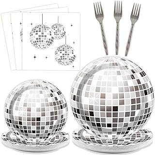 96 Pieces 70's Disco Party Tableware Set 70s Disco Birthday Party Supplies Silver Disco Ball Party Paper Plates Napkins Forks for 24 Guests 80s 90s Dance Hip Hop Baby Shower Party Decorations