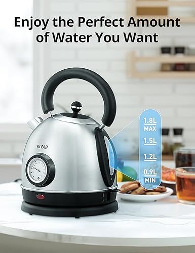 Miniatura 6 de Hervidor de agua eléctrico retro de acero inoxidable de 1.8 L para agua hirviendo con medidor de temperatura, línea de nivel de agua visible, luz