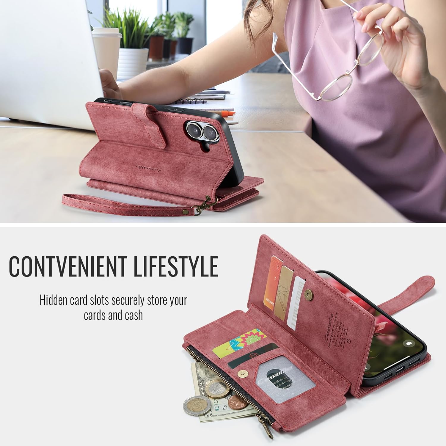 iPhone 16 Wallet Case with Card Holder Kickstand Magnetic Zipper Pocket Lanyard Strap Wristlet,Leather Flip Case Wallet for iPhone 16 6.1 Inch (Red)