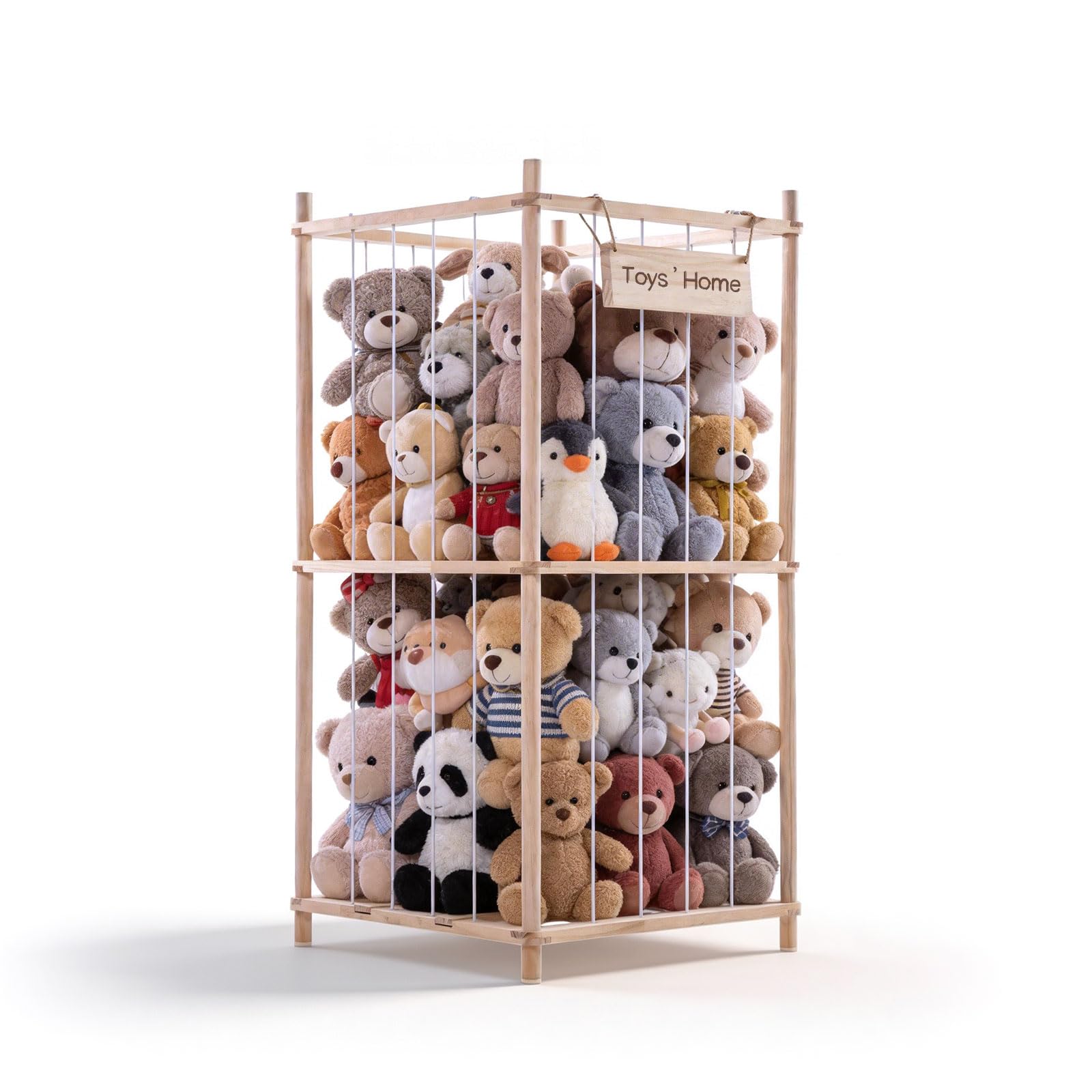 IONEKIUK Soft Toy Storage, Wooden Stuffed Animal Storage Organiser with Elastic Cords, 3-Tier Space Saving Cuddly Toy Storage for Nursery Bedroom Playroom
