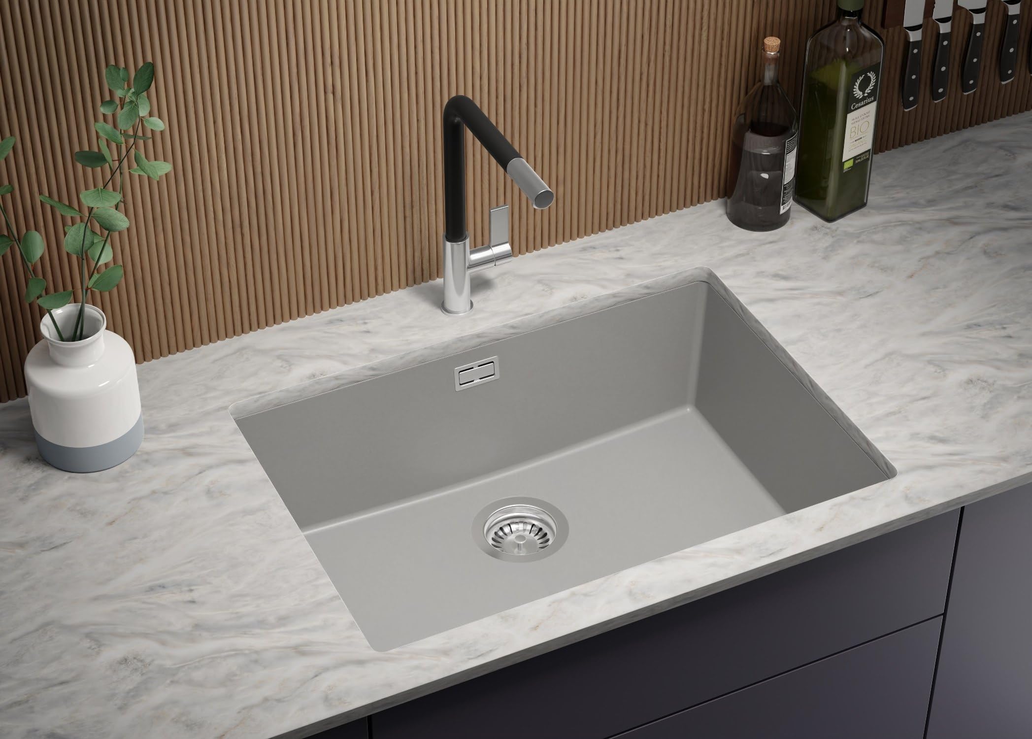 PRIMAGRAN Fregadero bajo Encimera al Mueble 70cm + Kit de desagüe, 66x47cm | Set: Kit de desagüe (Sifón, válvula de desagüe, rebosadero) + London 1 Seno para Cocina, Gris