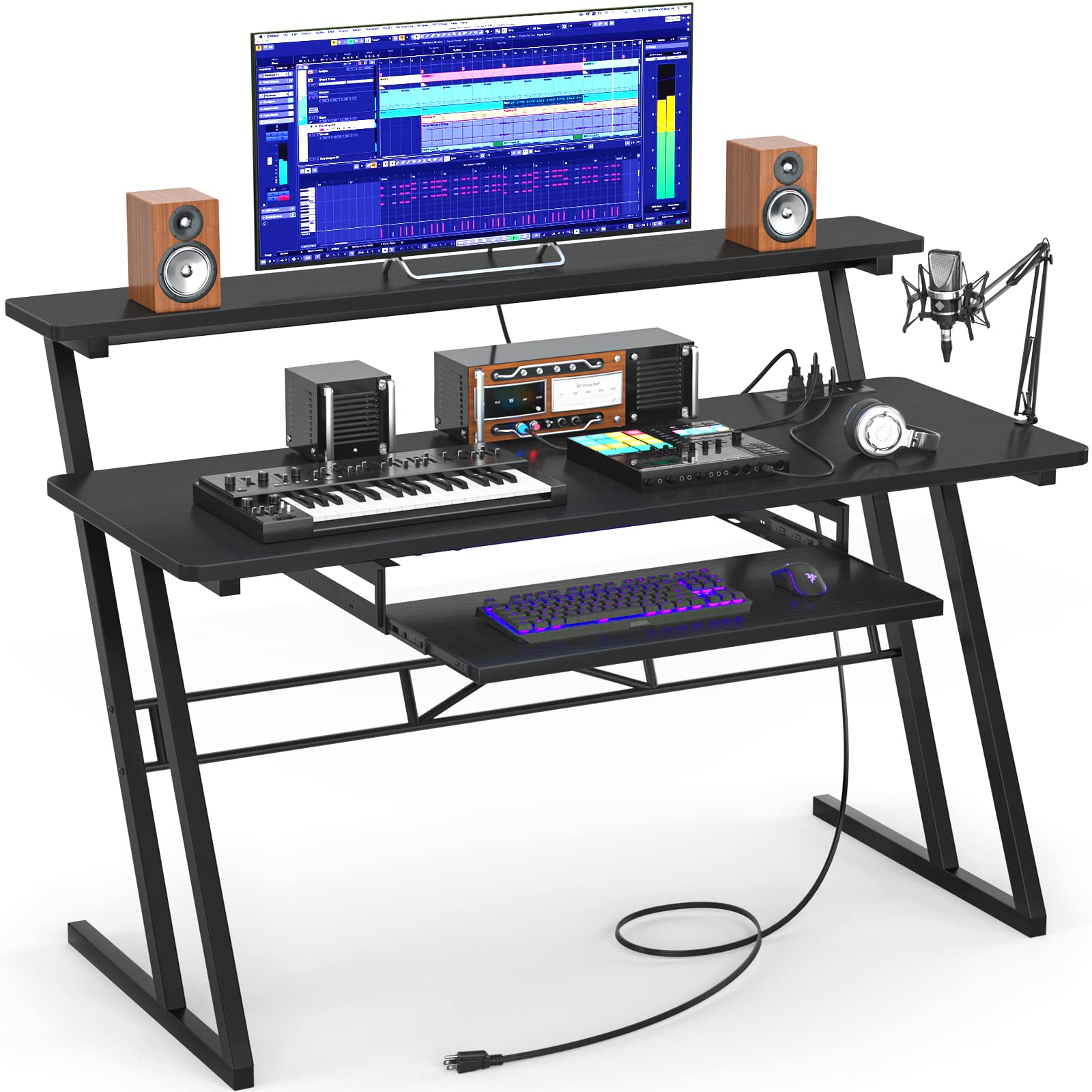 Music Studio Desk with Power Outlets and RGB LED Lights, Music Production Desk for Recording, Studio Workstation Desk for Producer, Music Mixing Table for Studio, Black