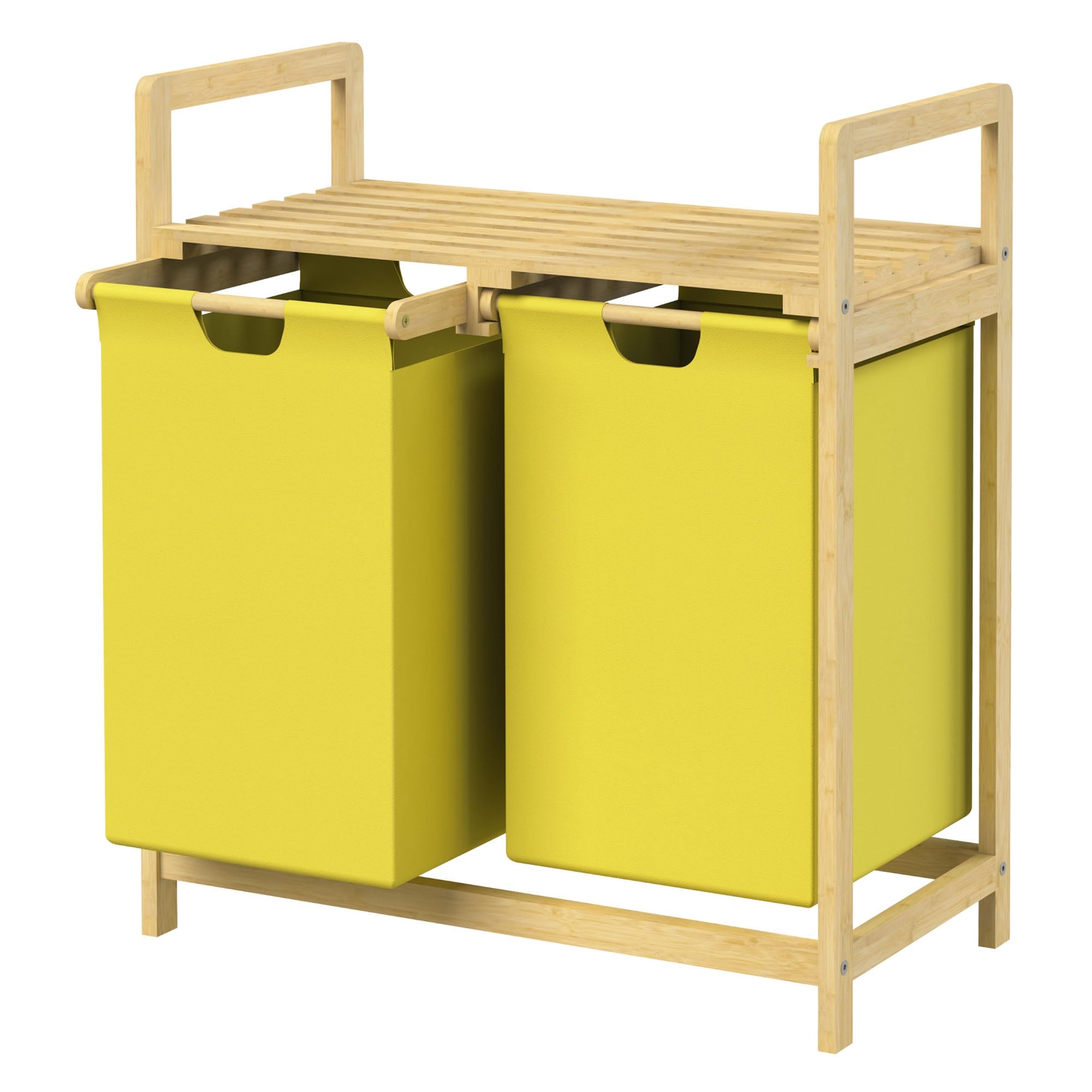 ML-Design Cesto Portabiancheria con Struttura in Bambù e 2 Scomparti 2x30L Mobile Portabiancheria Giallo con Maniglie e Ripiano, Raccoglitore adatto per il Bagno o Sacchi Estraibili, 63 x 33 x 73 cm
