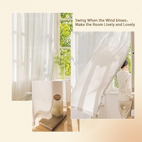 Miniatura 4 de CHEFRU 2 paneles de cortinas plisadas blancas para ventana de 108 pulgadas de largo, 2 paneles de cortinas semitransparentes con rayas verticales,