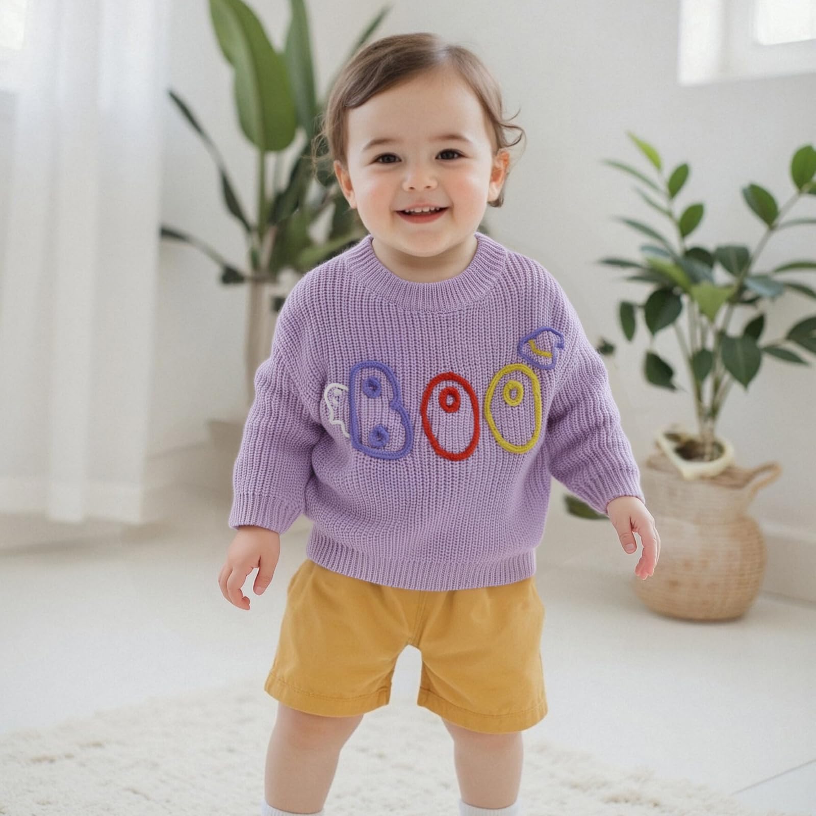 Toddler Baby Halloween Outfit Ghost Knit Sweater Long Sleeve Sweatshirt Kids Boys Girls Warm Fall Winter Clothes (Purple, 9-12 Months)