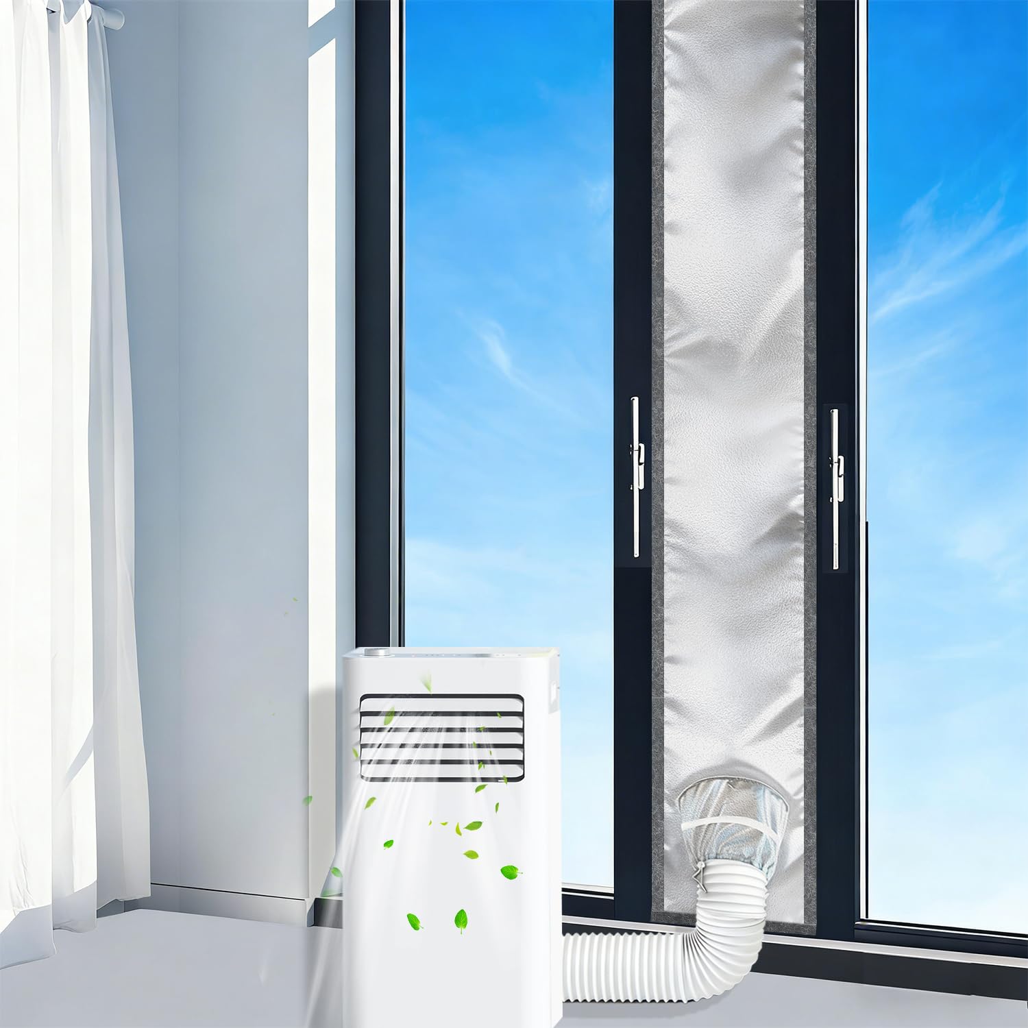 Guarnizione porta finestra 250 cm per condizionatore mobile in argento Oxford, 100% oscurante, protezione UV impermeabile per raffreddamento efficiente, dimensioni regolabili per porte e