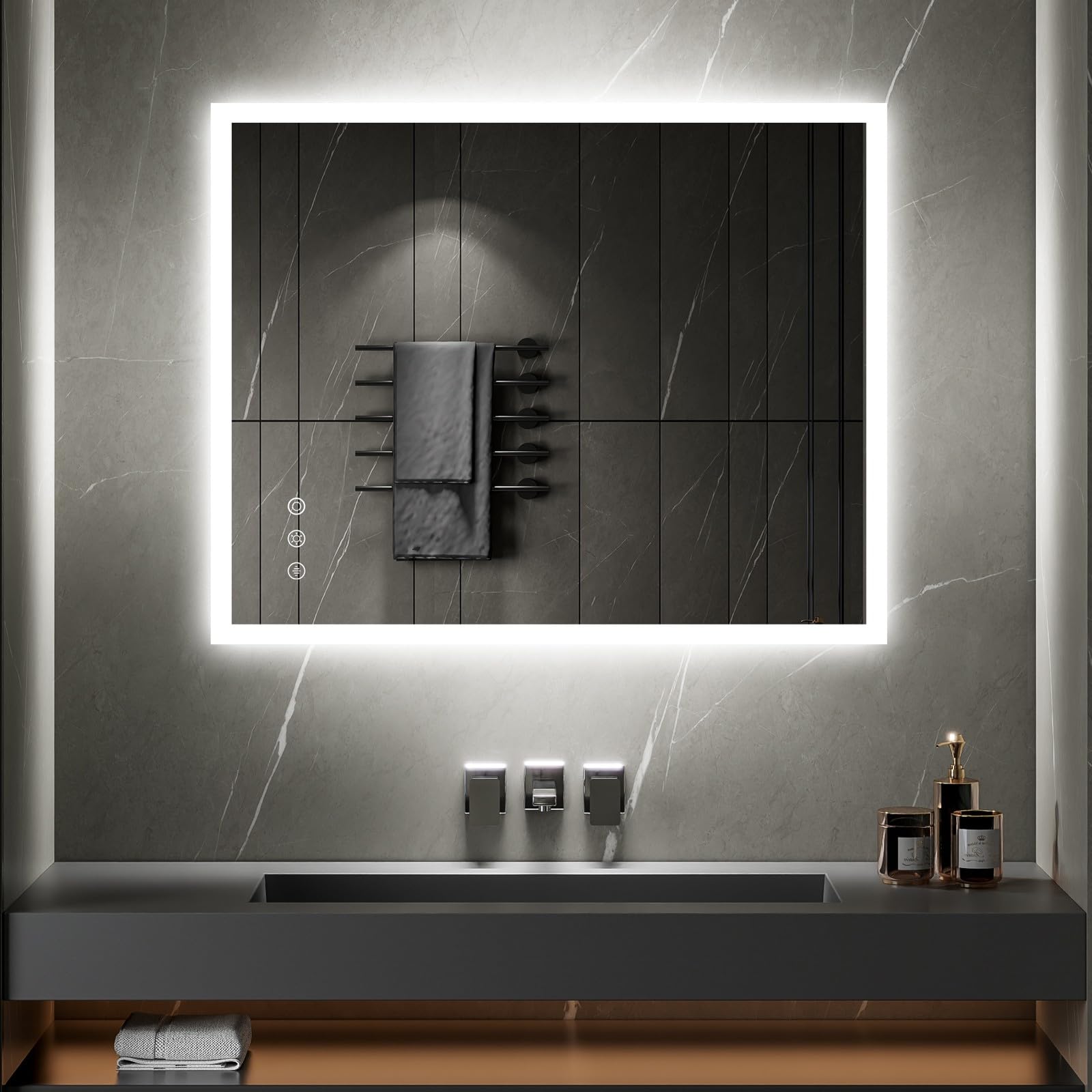 SANIVERRE TEMEO Miroir Mural LED Lumineux 80 x 100 cm réversible (2100 LMS) Tactile : antibuée + intensité et Couleur réglables - Salle de Bain