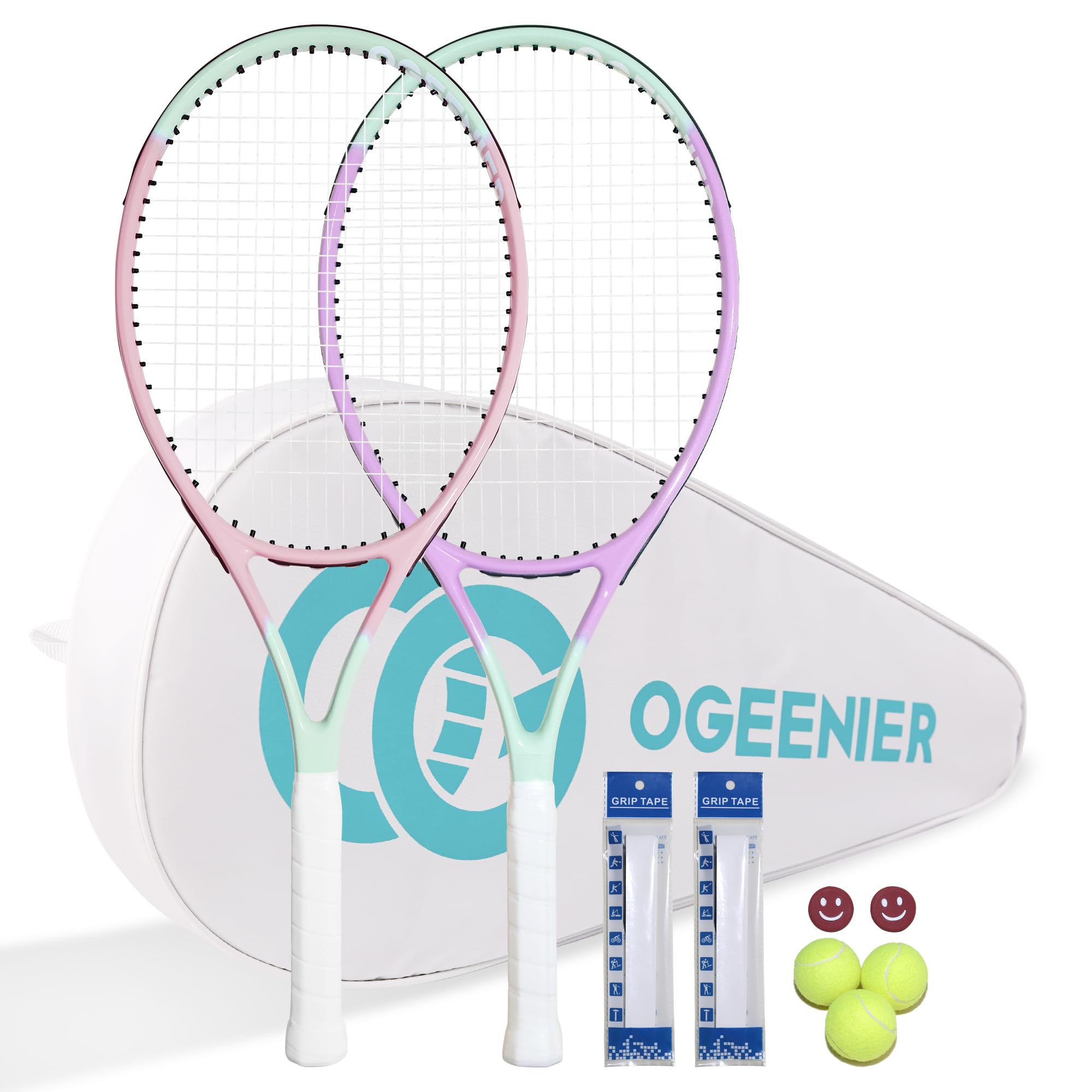 OGEENIER Tennis Racket Set of 2 for Adult, Lightweight Aluminum Racquet | 27 Inch, Complete Starter Set with Balls, Grips, and Bag, 280G, 103 SQ. IN., Pre-strung, Beginner-Friendly, Easy to Swing