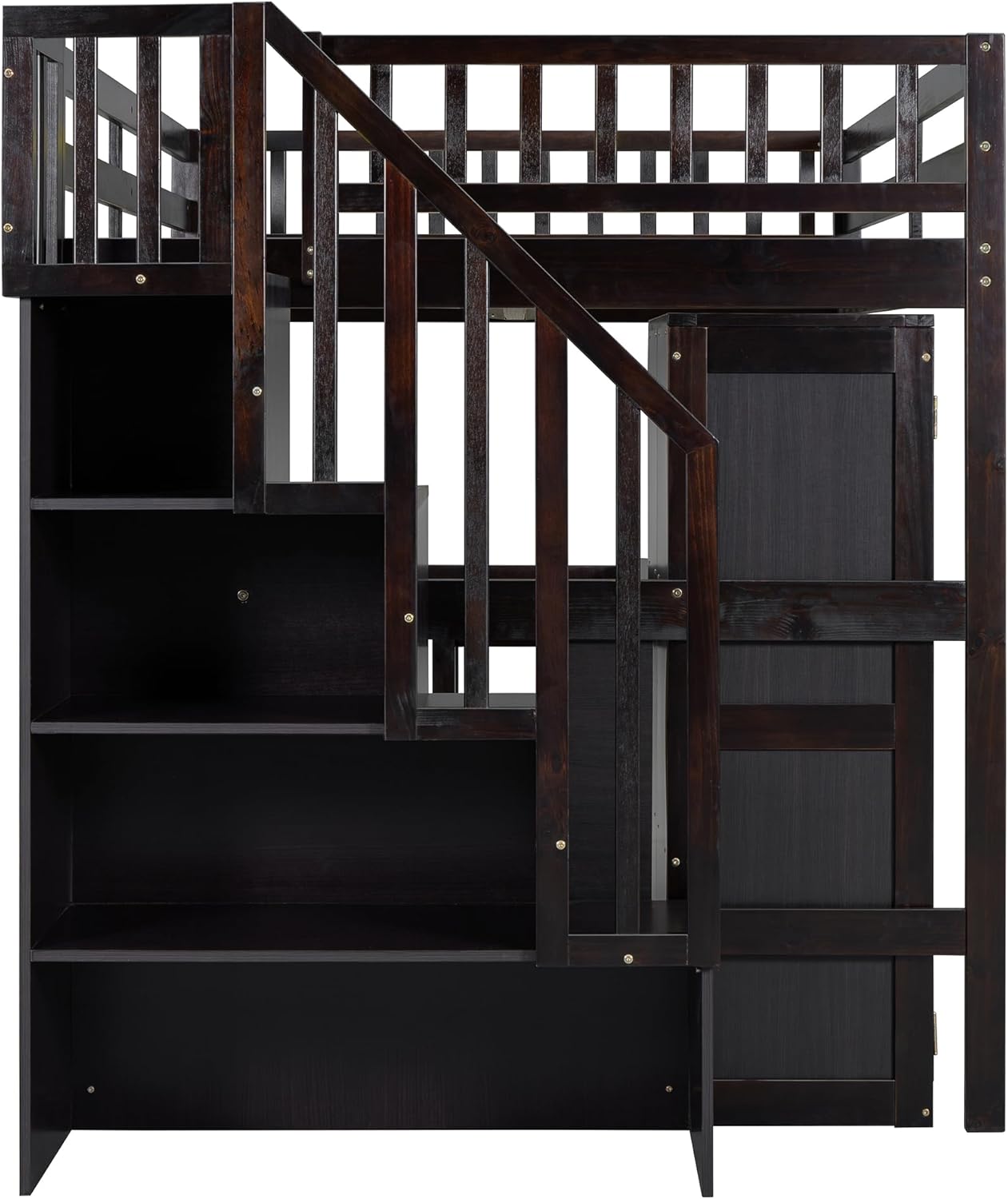 Одблиску view of the staircase with integrated bookshelves and storage compartments.