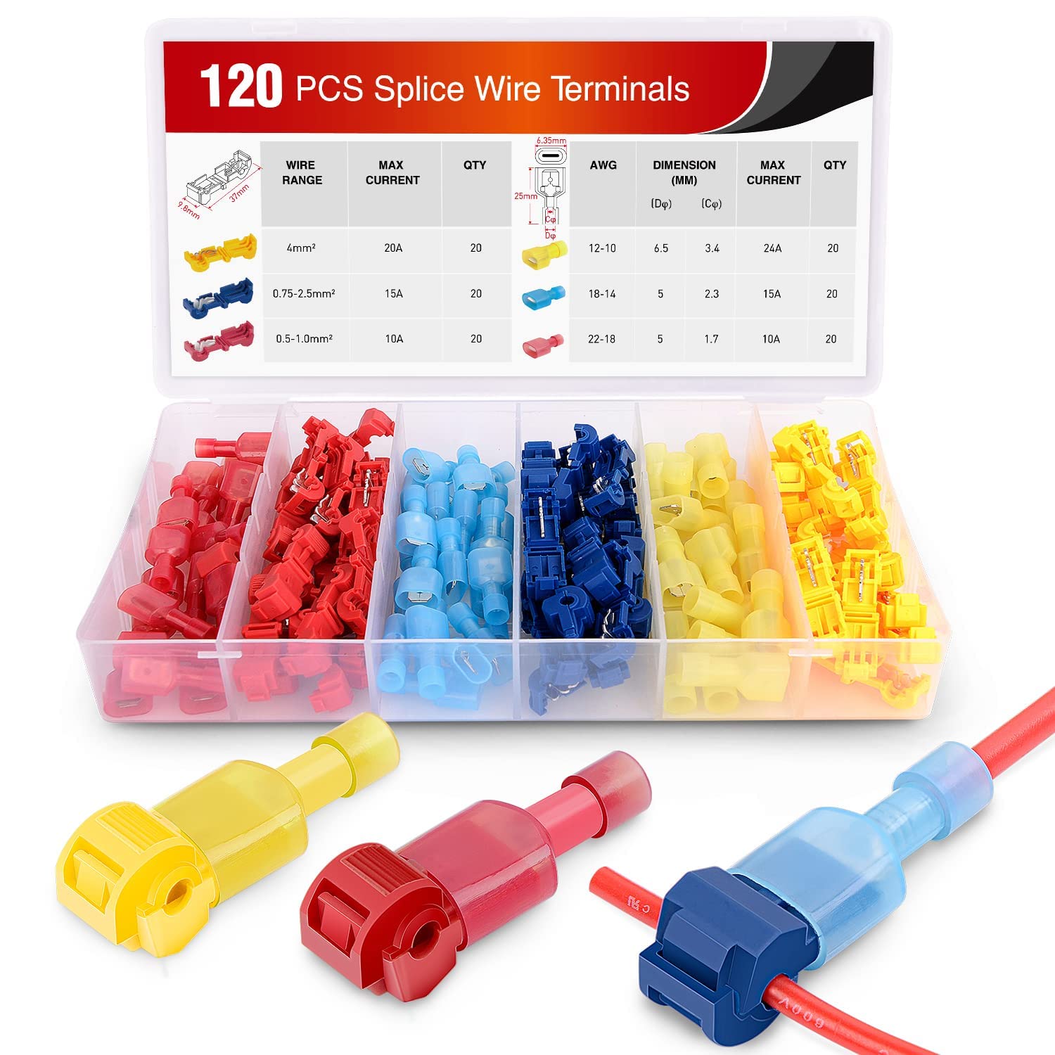 T-Tap Wire Connectors, 120Pcs Quick Splice Electrical Wire Terminals Connectors, T Taps Self-Stripping Insulated Male Quick Disconnects Spade Terminals Kit for Wiring Automotive, Wire Connectors
