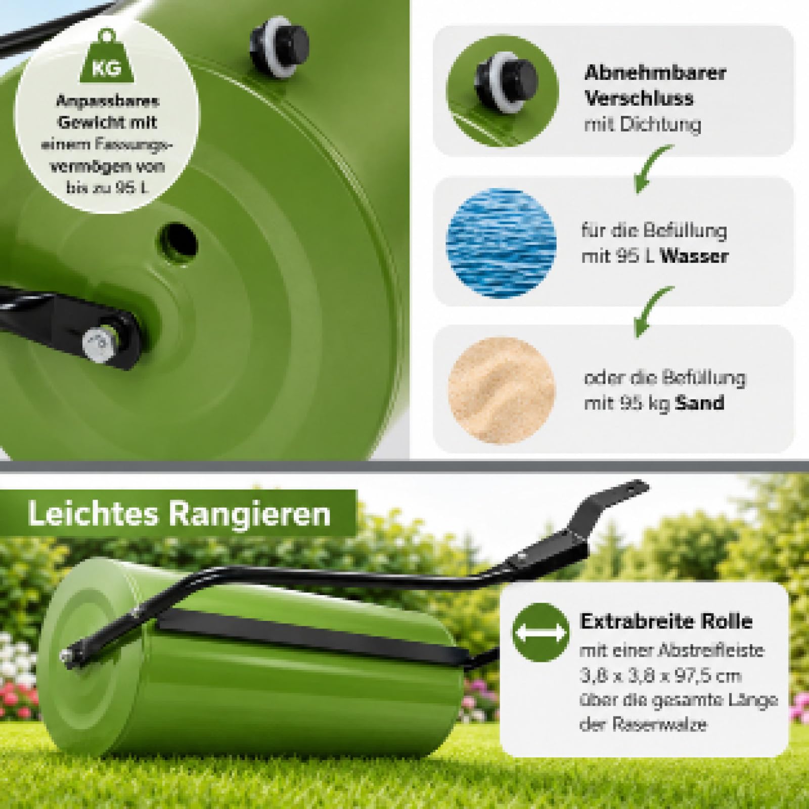 TRUTZHOLM Rasenwalze 97 cm für Rasentraktor ATV befüllbar Wasser oder Sand bis 95 L Schmutzabweiser Gartenwalze Ackerwalze