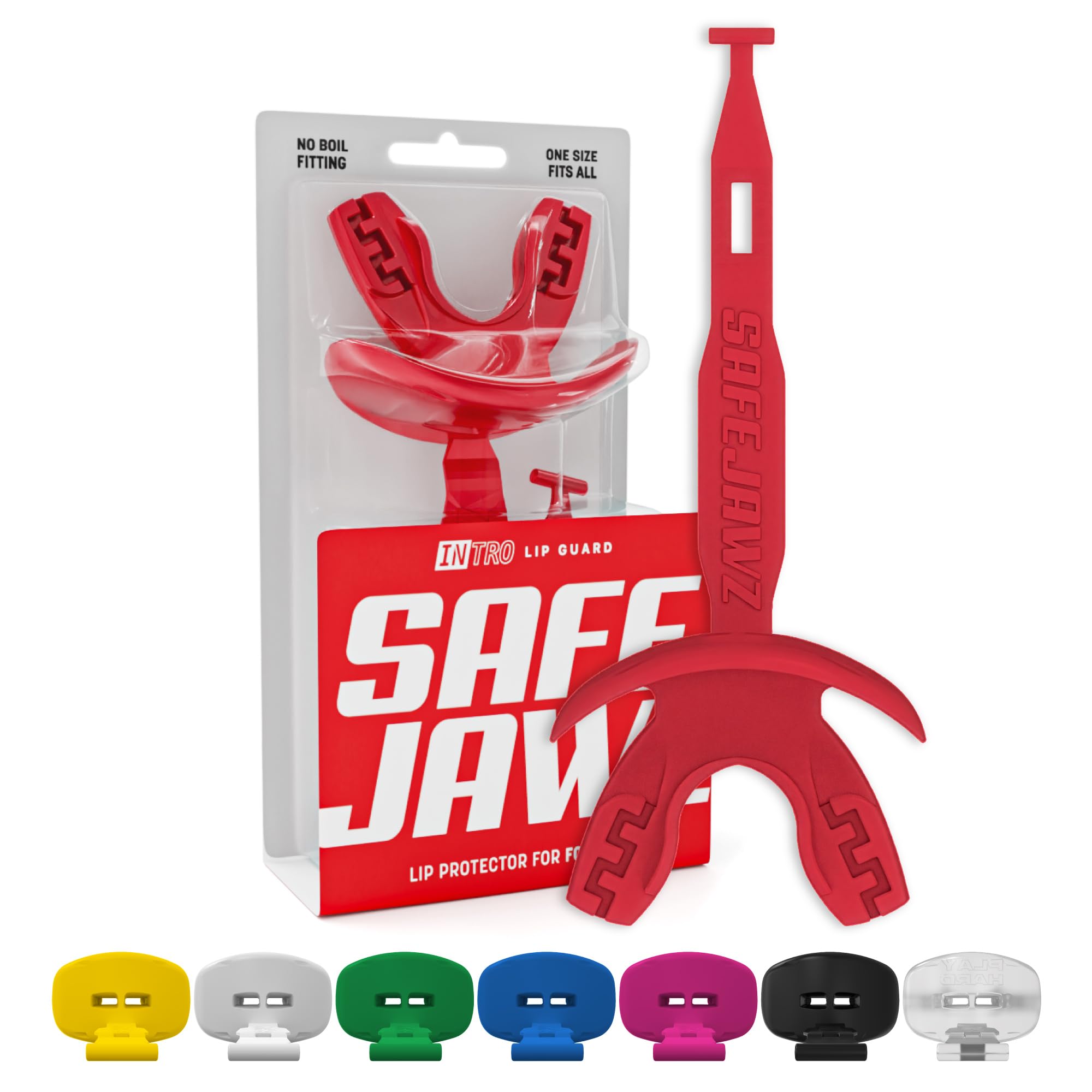 SAFEJAWZ Red Football Mouth Guard, Sports Lip Guard with Connected Strap