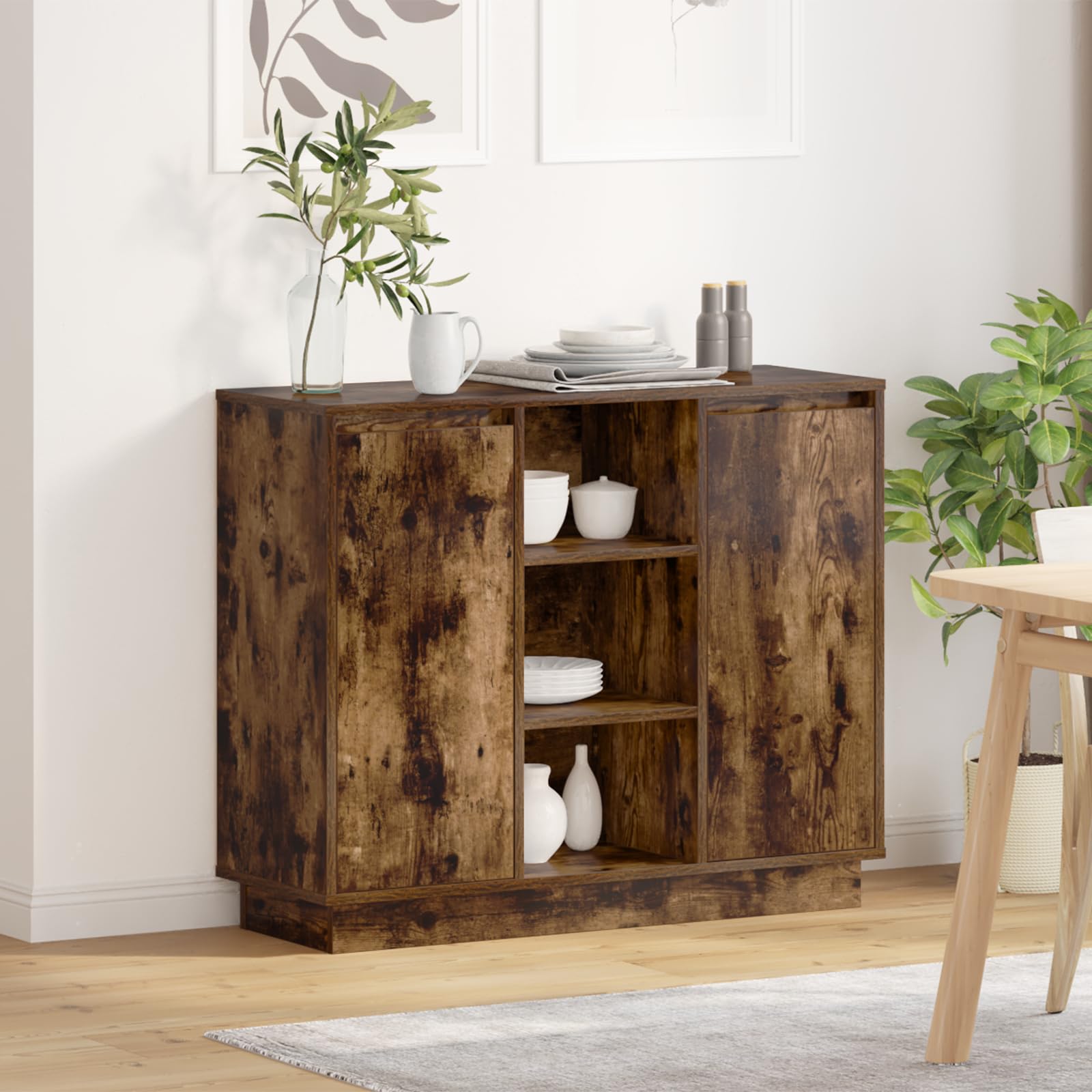 Rauchoak Nachttisch mit zwei Regalen und drei Fächern aus massivem Eichenholz für Schlafzimmer und Wohnraum, modernes Design mit hoher Funktionalität und Stauraum