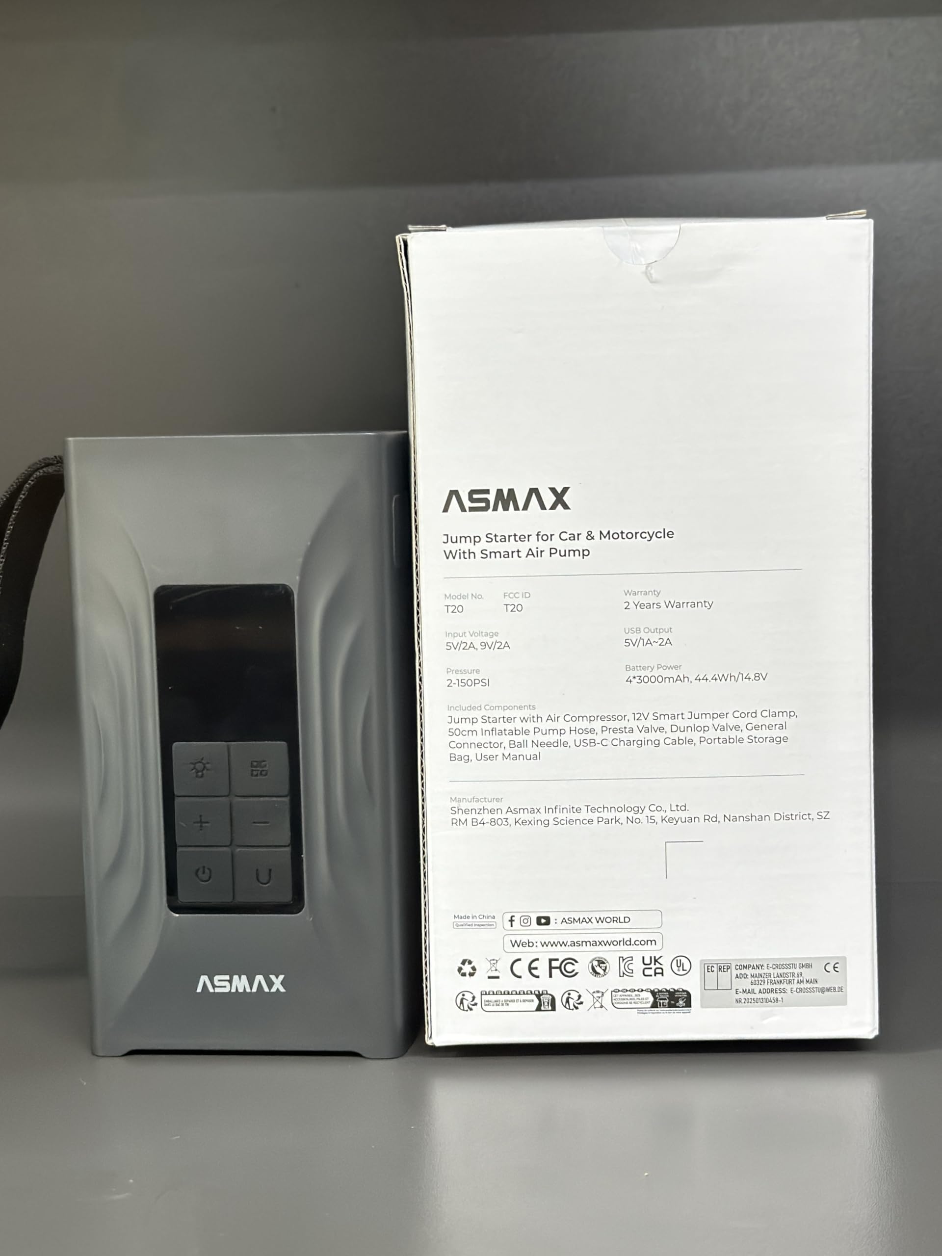 ASMAX Arrancador de Baterias de Coche 4000A, Compresor de Aire 150PSI, Arrancador de Coche 12V Para 9L de Gasolina o 8L de Diésel, Booster Con Pantalla LCD Grande, Para Coche/Camión/Moto - T20