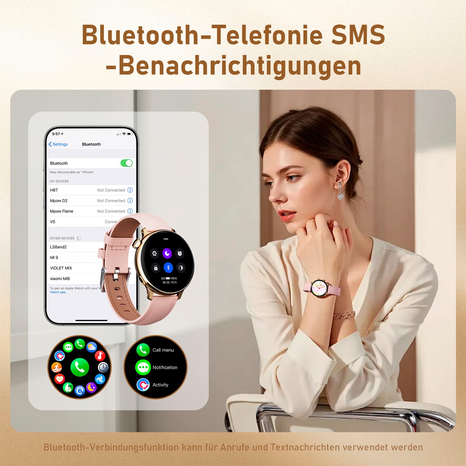 OKYUK Reloj Inteligente Mujer con Llamadas,1.27" HD Smartwatch Mujer con frecuencia cardíaca 24 h, monitorización de SpO2 y del sueño, 90+ Modos Deportivos, Compatible con Android e iOS (Dorado)