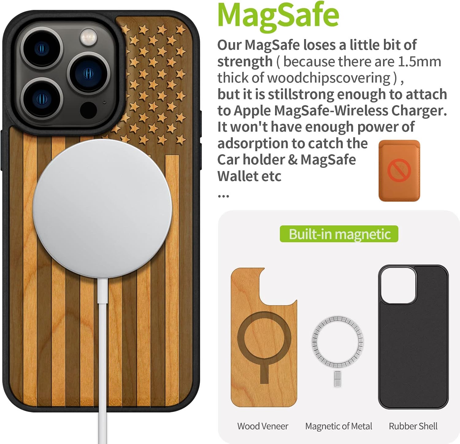 Carveit Magnetic Wood Case for iPhone 14 Pro - Natural Wood & Black Soft TPU - Shockproof Protective Cover - Unique & Classy Wooden Case - Compatible with MagSafe (American Flag -Cherry)