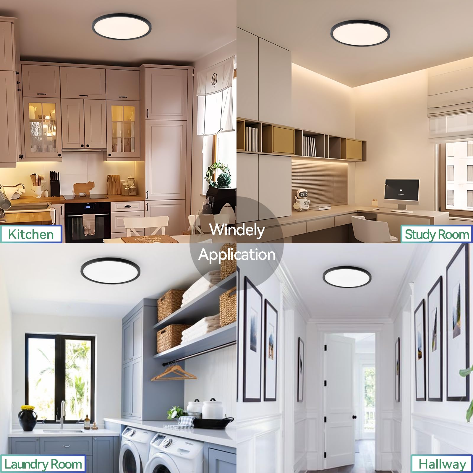 4Pack Flush Mount Ceiling Lights Black, 12Inch 3200LM, 24W Daylight LED Ceiling Light Fixtures