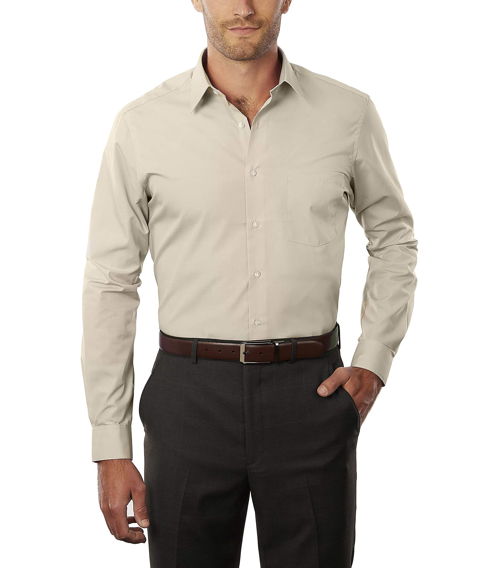 Van HeusenMens Poplin Fitted Solid Point Collar MNS Dress Shirt Fitted Poplin Solid, Color Stone, Size 15.5" Neck 34"-35" Sleeve (M)