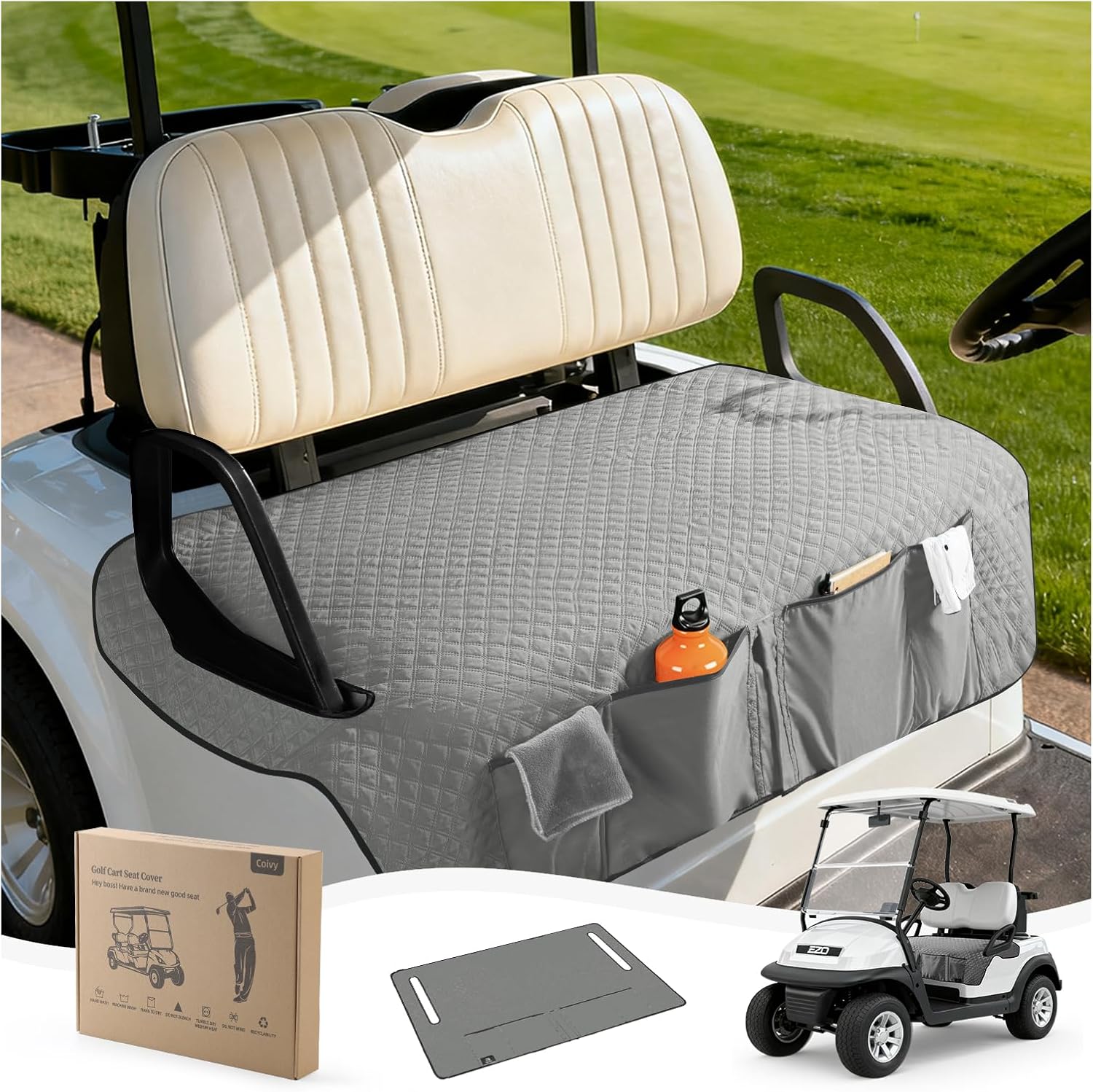 Golf Cart Seat Covers,Golf Cart Seat Towel Blanket with 4 Front Pockets & Nonskid Bottom Fits for EZGO TXT, RXV and More 2 Person Seats Golf Carts (Charcoal Gray, Ezgo TXT,RXV)