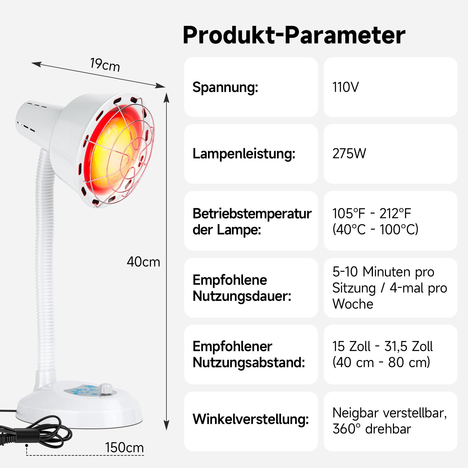 275W Rotlicht-Heizlampe, Tisch-Heizlampe, 360°-flexibler Schwanenhals Mit Schutzgitter, Ausgestattet Mit Stufenlosem Drehregler Zur Temperaturregelung, Ideal Für Die Entspannung Zu Hause
