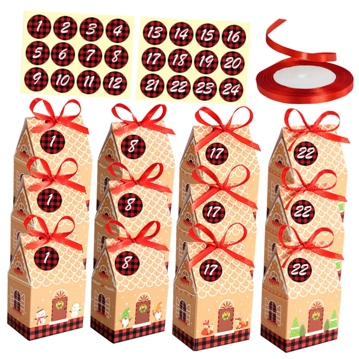 LOLIPPYY 24 Sacchetti Regalo di Natale in Cartone Spesso Nastro Rosso e Adesivi Numerici Contenitori per Caramelle e Bomboniere Natalizie Confezioni Fai da Te per Feste e Regali di