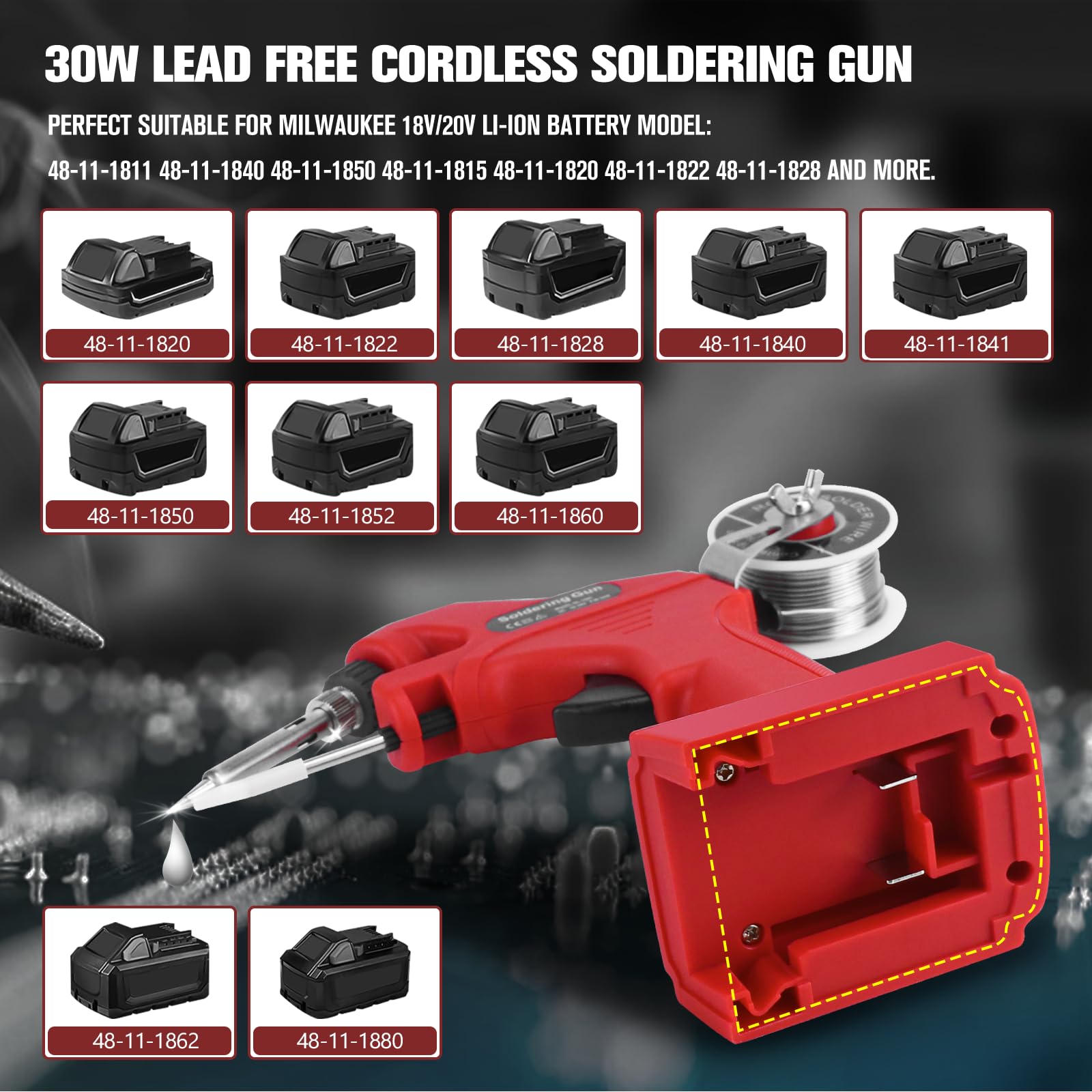 Soldador inalámbrico para batería Milwaukee de 18 V, pistola de soldadura de 30 W, kit de soldador de precalentamiento rápido de 30 segundos con cable de soldadura de 50 g y 5 puntas de soldadura para