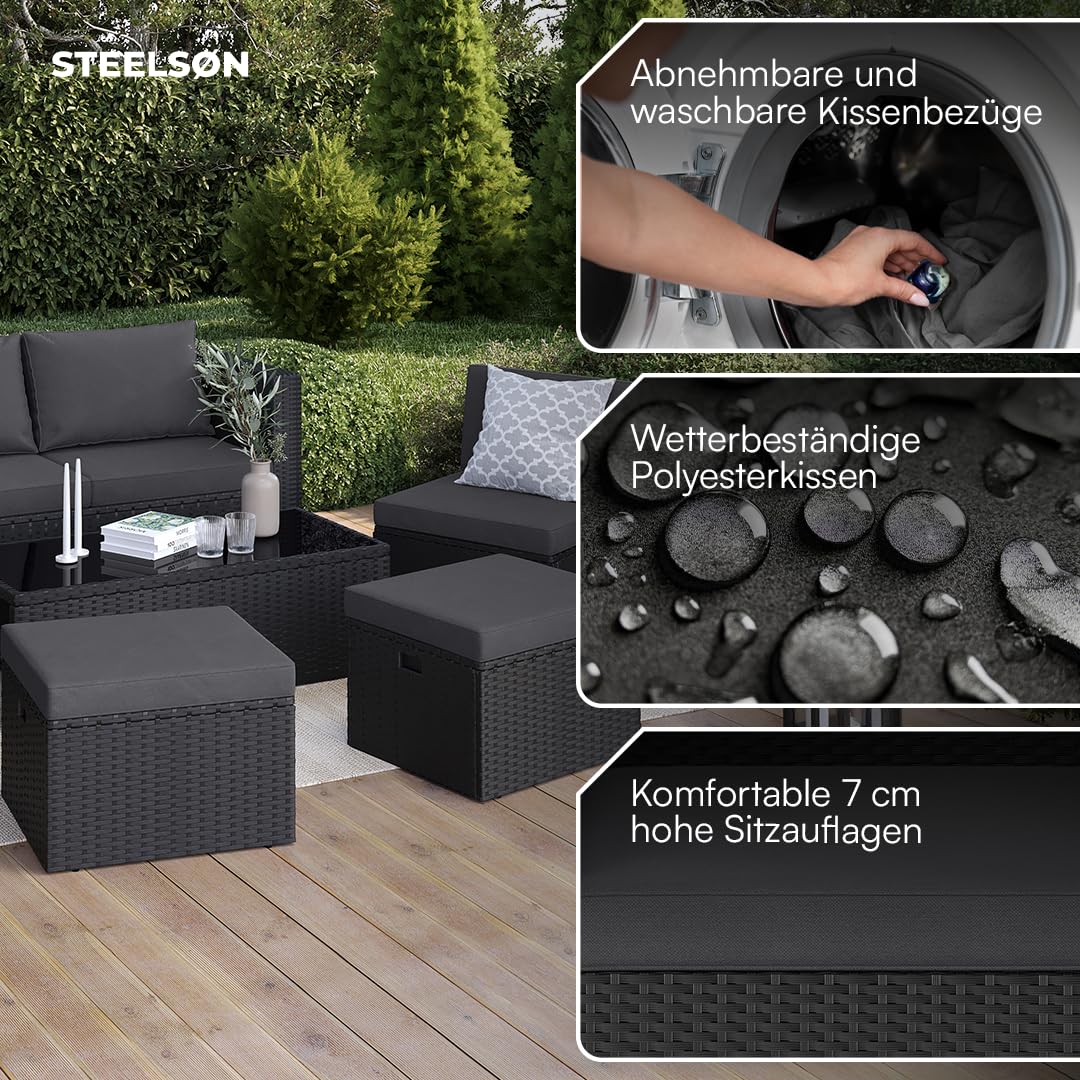 STEELSØN Noctura Rattan Gartenmöbel Set 6-TLG. – Gartenlounge mit Sofa, Sessel, Tisch & Hocker – Sitzgruppe Outdoor schwarz/anthrazit Garten/Balkon/Terasse – Sitzgarnitur Set Metallgestell wetterfest