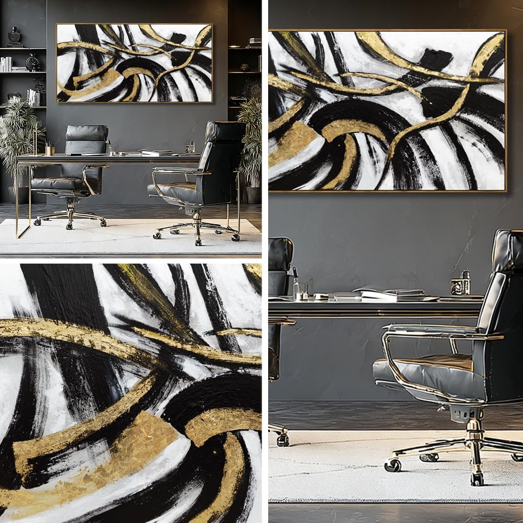 Black And Gold Abstract Framed Wall Art Minimalist Lines Painting Artwork Modern Picture Prints Large Wall Decor 24"x48"