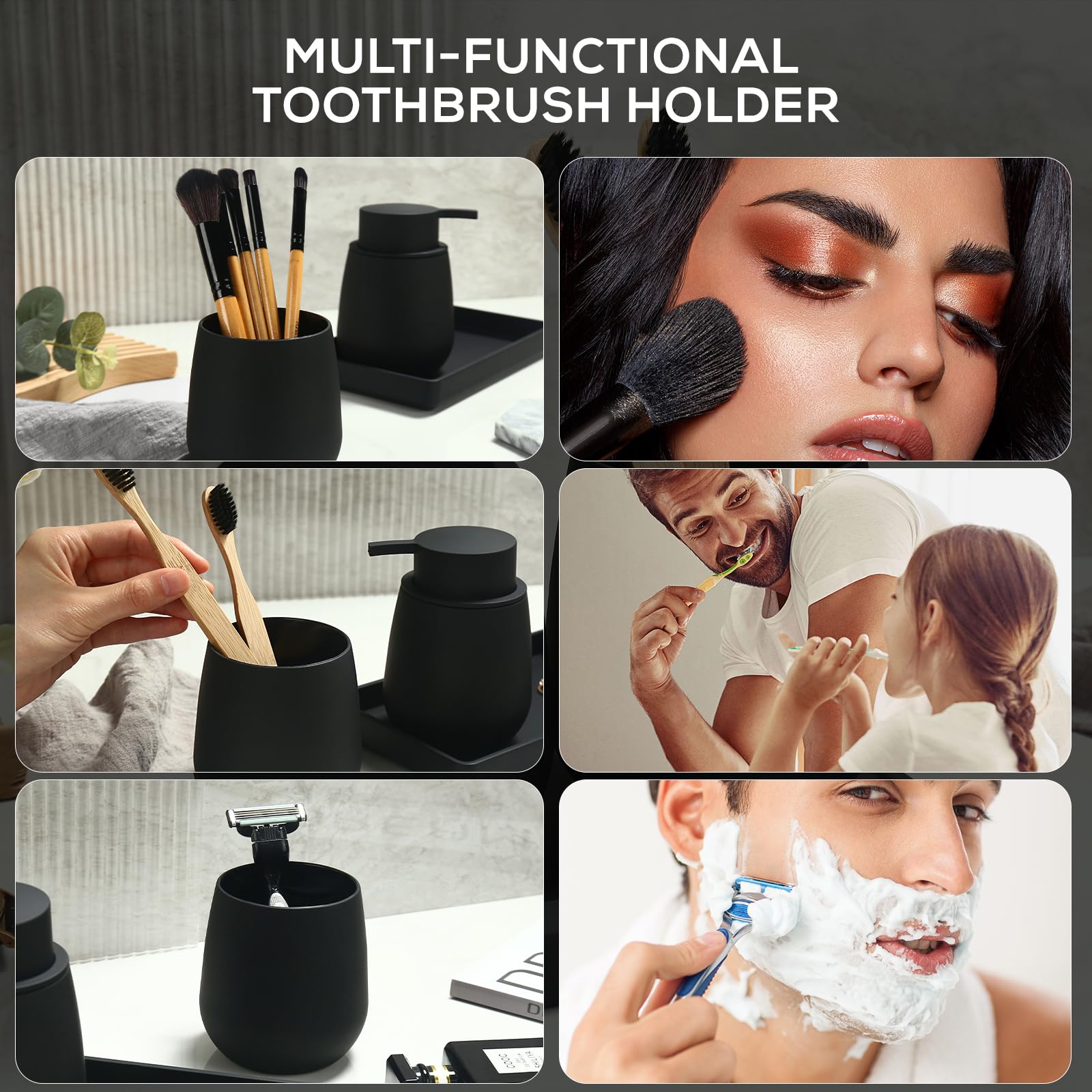 5-teiliges Badezimmer Set Schwarz mit 6 L Metall Mülleimer Treteimer mit Inneneimer, Seifenspender, Zahnputzbecher, WC-Bürste & Ablageschale, Modern Badezimmer Organizer (Schwarz)
