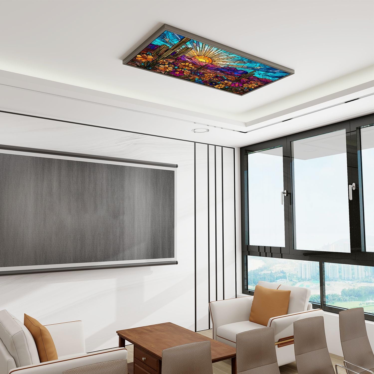 4 Pack Fluorescent Light Covers for Ceiling Lights Vibrant Saguaro Cactus Mosaic Wall Art Desert Flowers Magnetic Light Filters Diffuser Shade for Classroom Home Office School