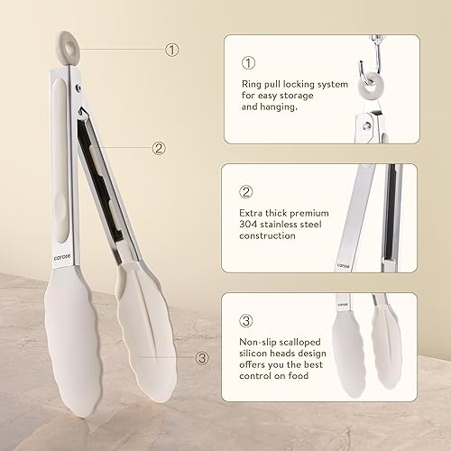Miniatura 3 de CAROTE Pinzas para cocinar, pinzas de cocina de acero inoxidable resistentes al calor con puntas de silicona antiarañazos, perfectas para utensilios