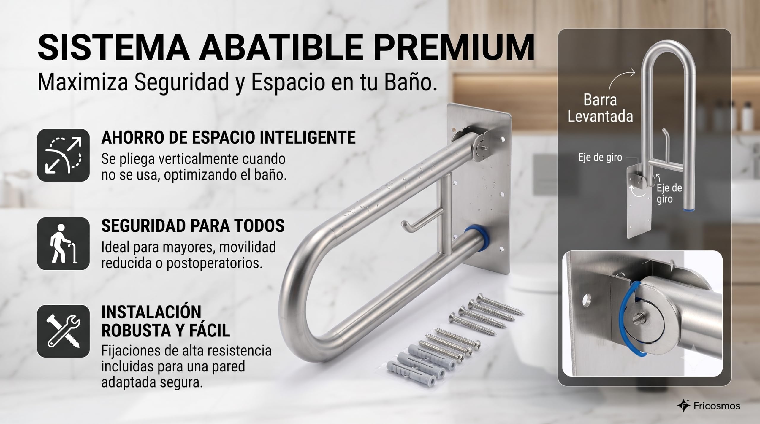 Barra Abatible de Baño y WC 73 cm, Acero Inoxidable Cromado con Portarrollos, Asidero de Seguridad para Mayores