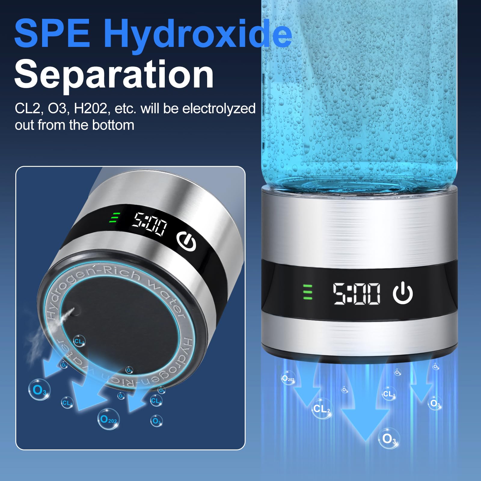 Bouteille d'Eau Hydrogène,Générateur d'Eau Hydrogène Portable,450ML Générateur d'Eau Ioniseur Rechargeable avec Technologie SPE et PEM,Jusqu'à 6850PPM,Eau Riche en Hydrogène en 6 Minutes