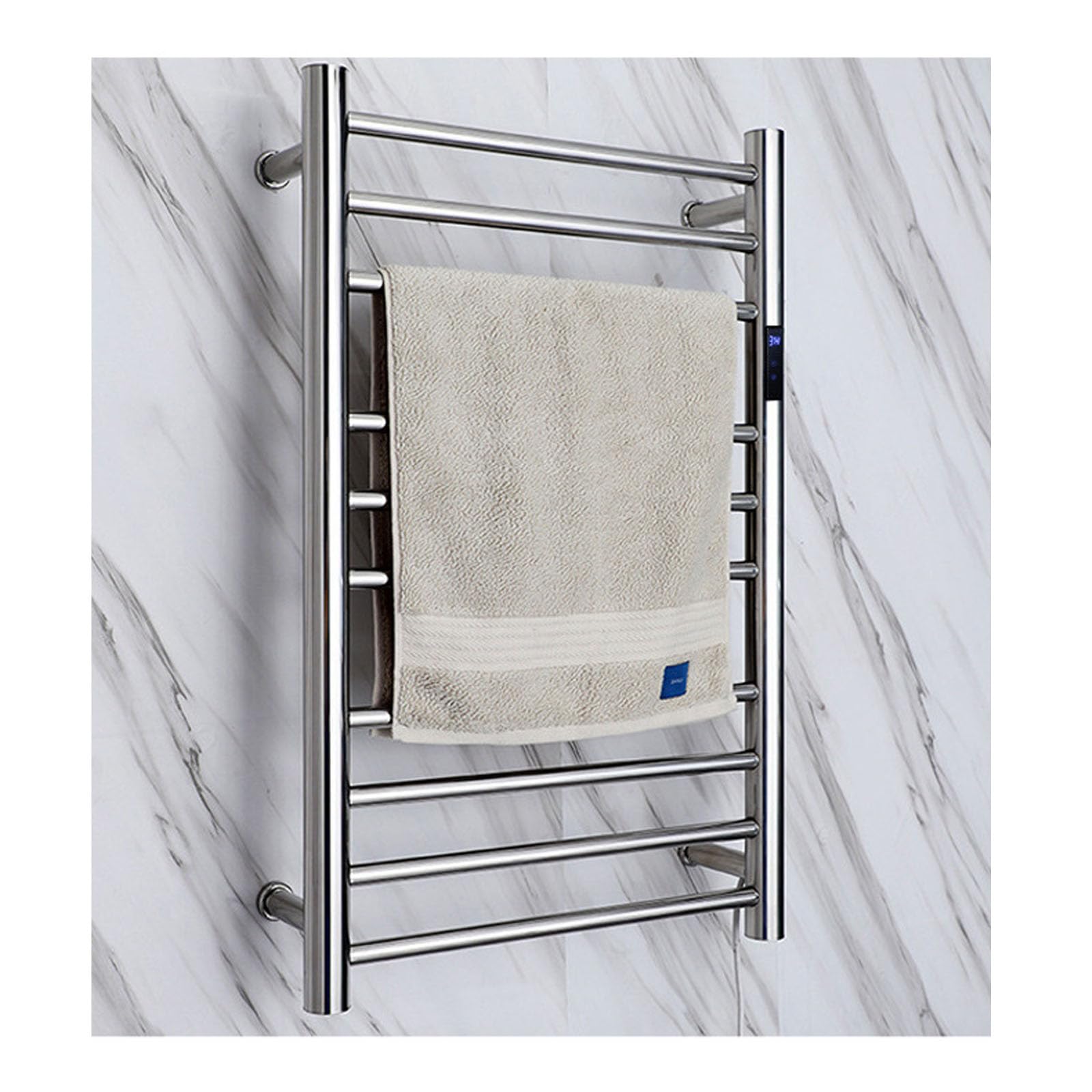 Calentador de toallas eléctrico de acero inoxidable con acabado pulido y temporizador de pared