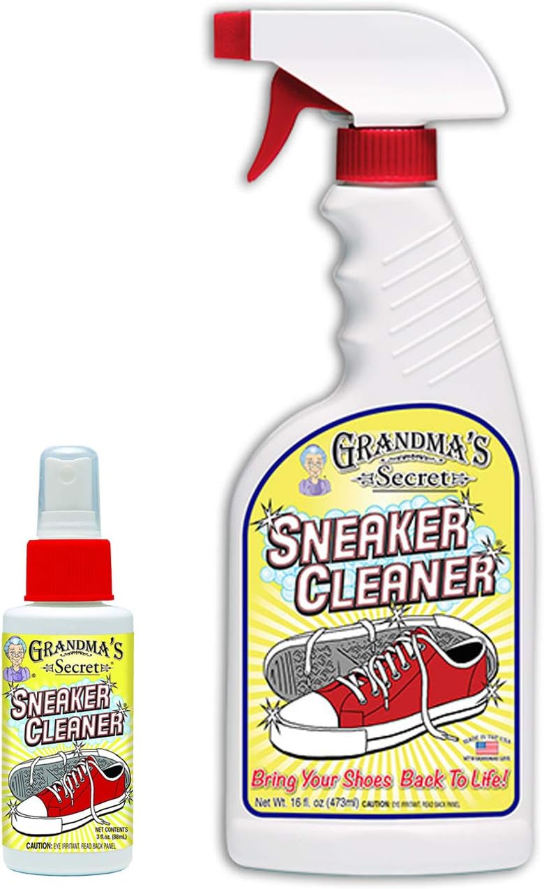 Grandma's Secret Sneaker Cleaner - for Rubber, Canvas, Leather, Stain Remover Spray Removes Dirt, Grime, Grass - Cleaner for Outdoor Shoes, Slippers, Moccasins - 16oz & 3oz Combo