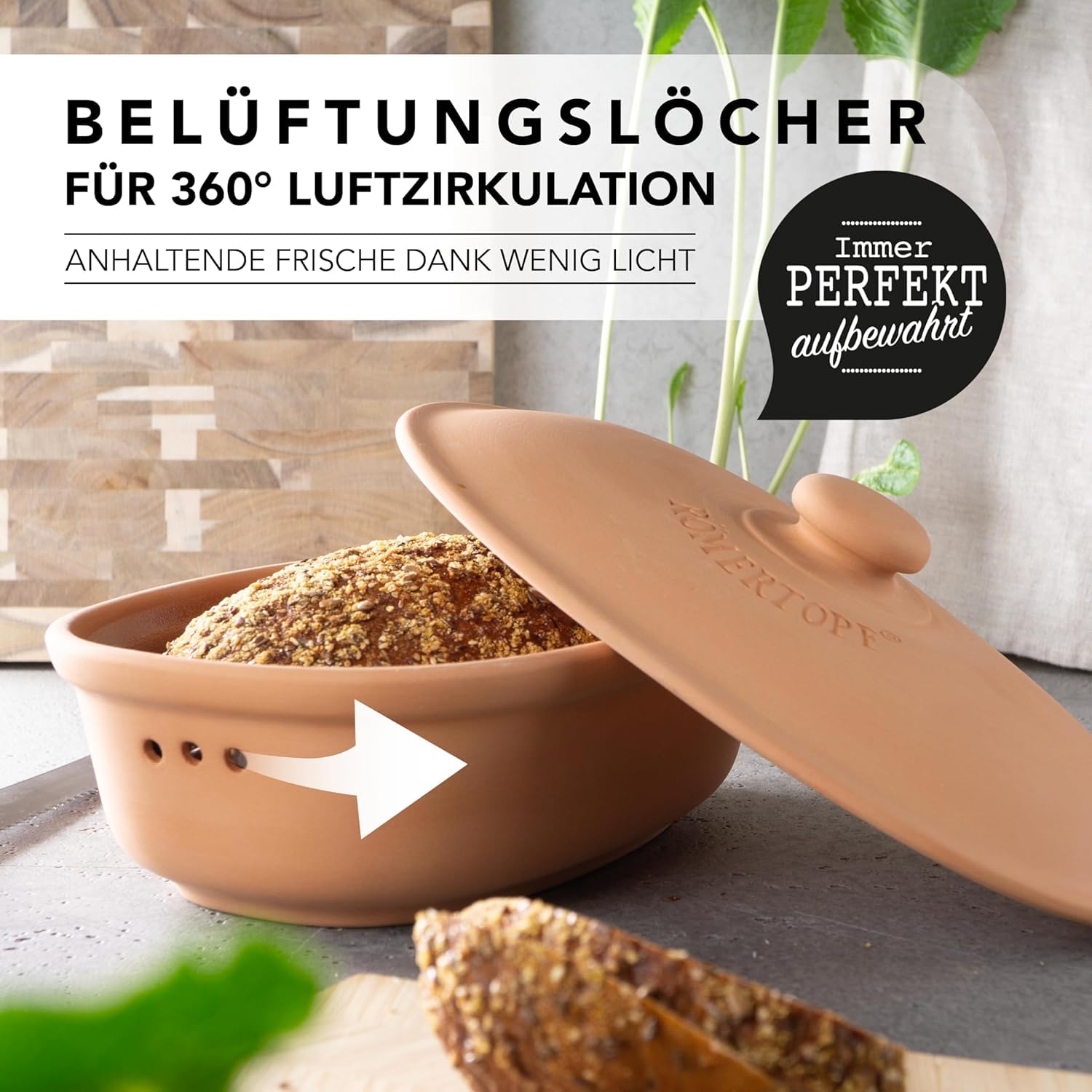 Römertopf Brottopf MAXI Terrakotta – 6,5 L Aufbewahrungsbehälter aus atmungsaktivem Naturton – Brotbox oval mit Deckel – luftdurchlässig & spülmaschinengeeignet