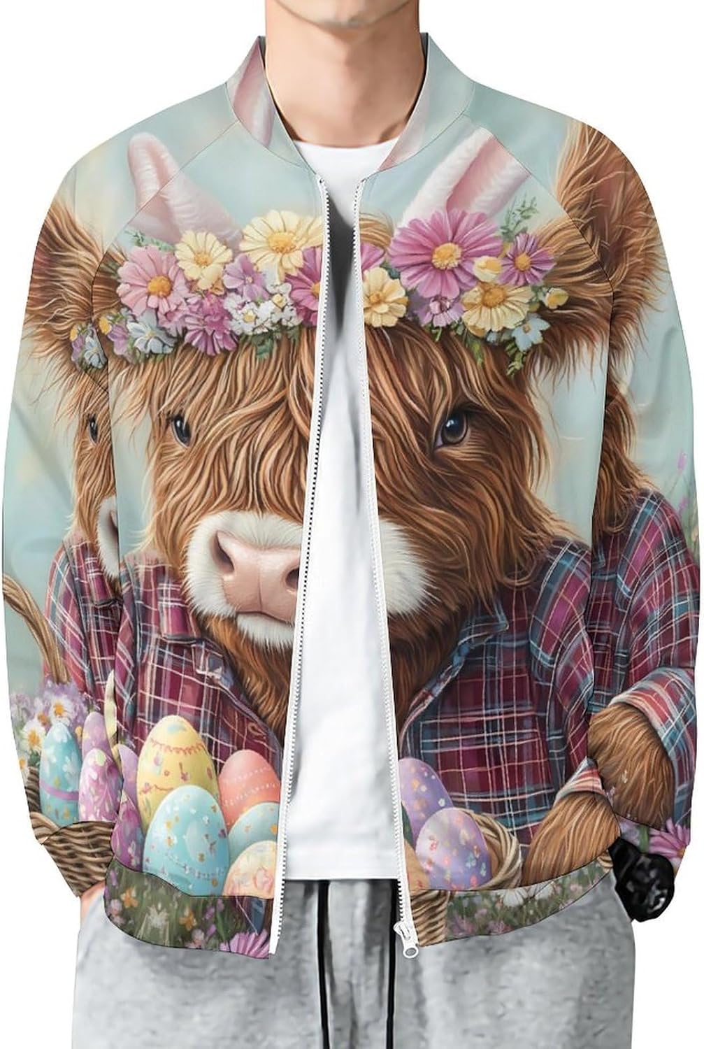 Highland Cow Easter Eggs Men's Zip Up Sweatshirt Casual Sweater Jackets Long Sleeve Tops Lightweight Coat