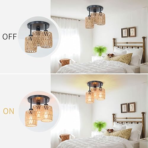 Miniatura 3 de Lámpara de techo de ratán tejida de 3 luces, luz de montaje semiempotrada tejida a mano, cesta natural costera bohemia cerca del techo, para