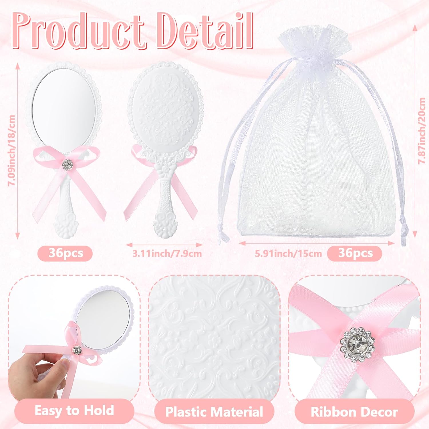 Beeveer 36 Sets Vintage Handheld Mirror Bulk Retro Embossed Compact Princess Makeup Mirror with Handle with Organza Bags for Princess Party Favors Travel Wedding Bridal Shower Gifts