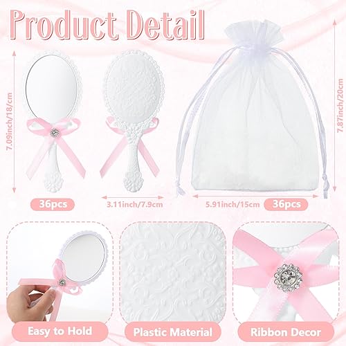 Miniatura 2 de 36 juegos de espejos de mano vintage a granel retro en relieve compacto de princesa espejo de maquillaje con asa con bolsas de organza para regalos
